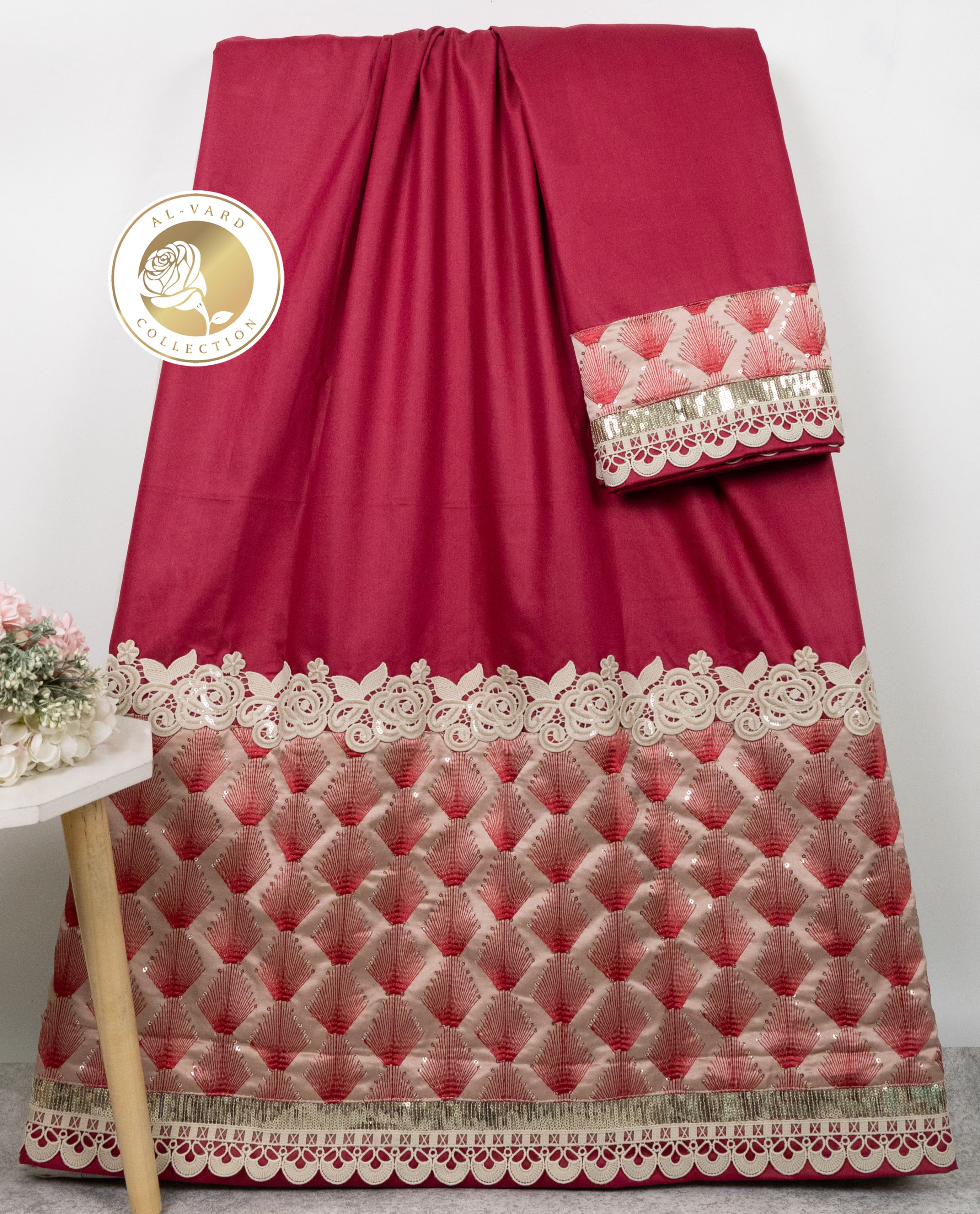 Cherry Red Rida With Smart Design Heavy Look Panel & Floral Golden Lace