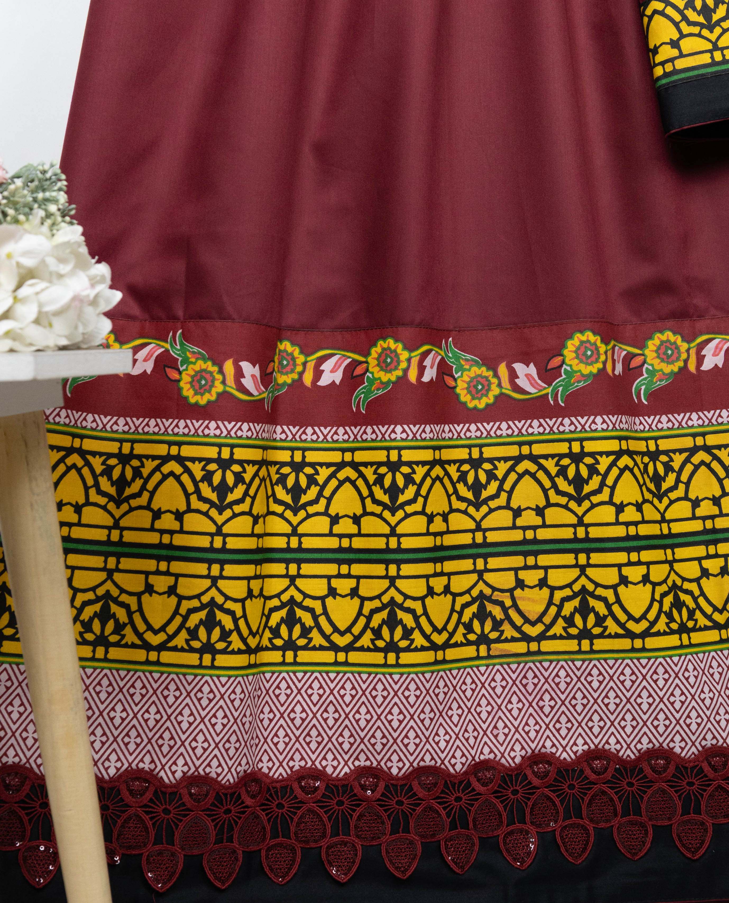 Dark Maroon Rida With Smart Different Design Printed Panel & Smart Lace
