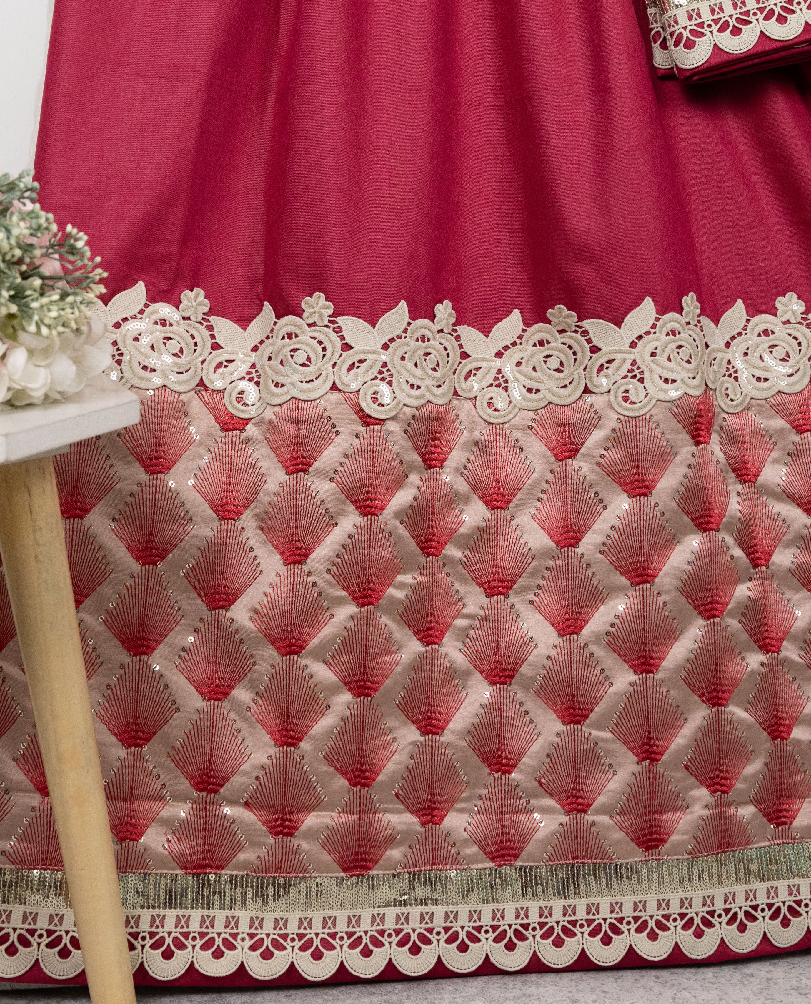 Cherry Red Rida With Smart Design Heavy Look Panel & Floral Golden Lace