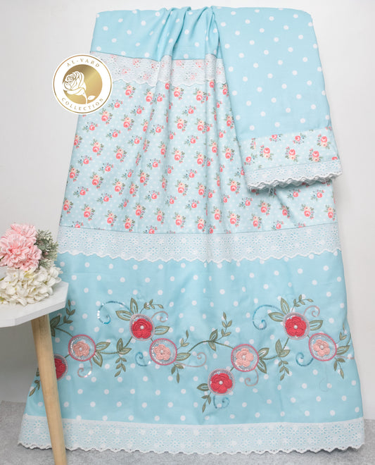 Light Blue White Dots With Smart Floral Panel & Floral Hand Work