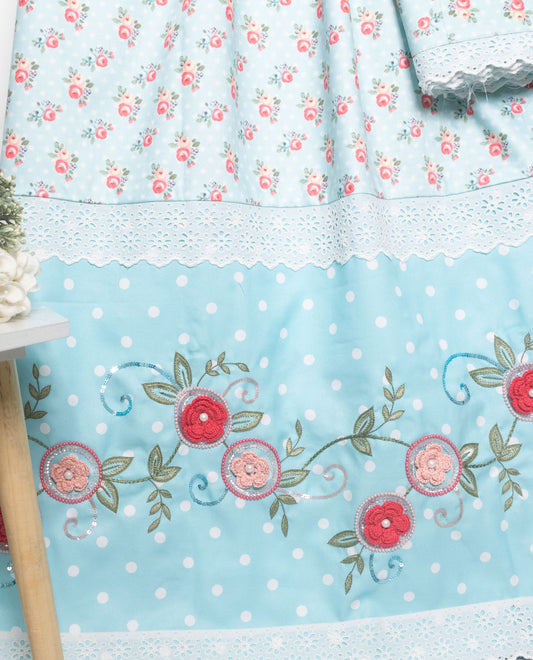 Light Blue White Dots With Smart Floral Panel & Floral Hand Work