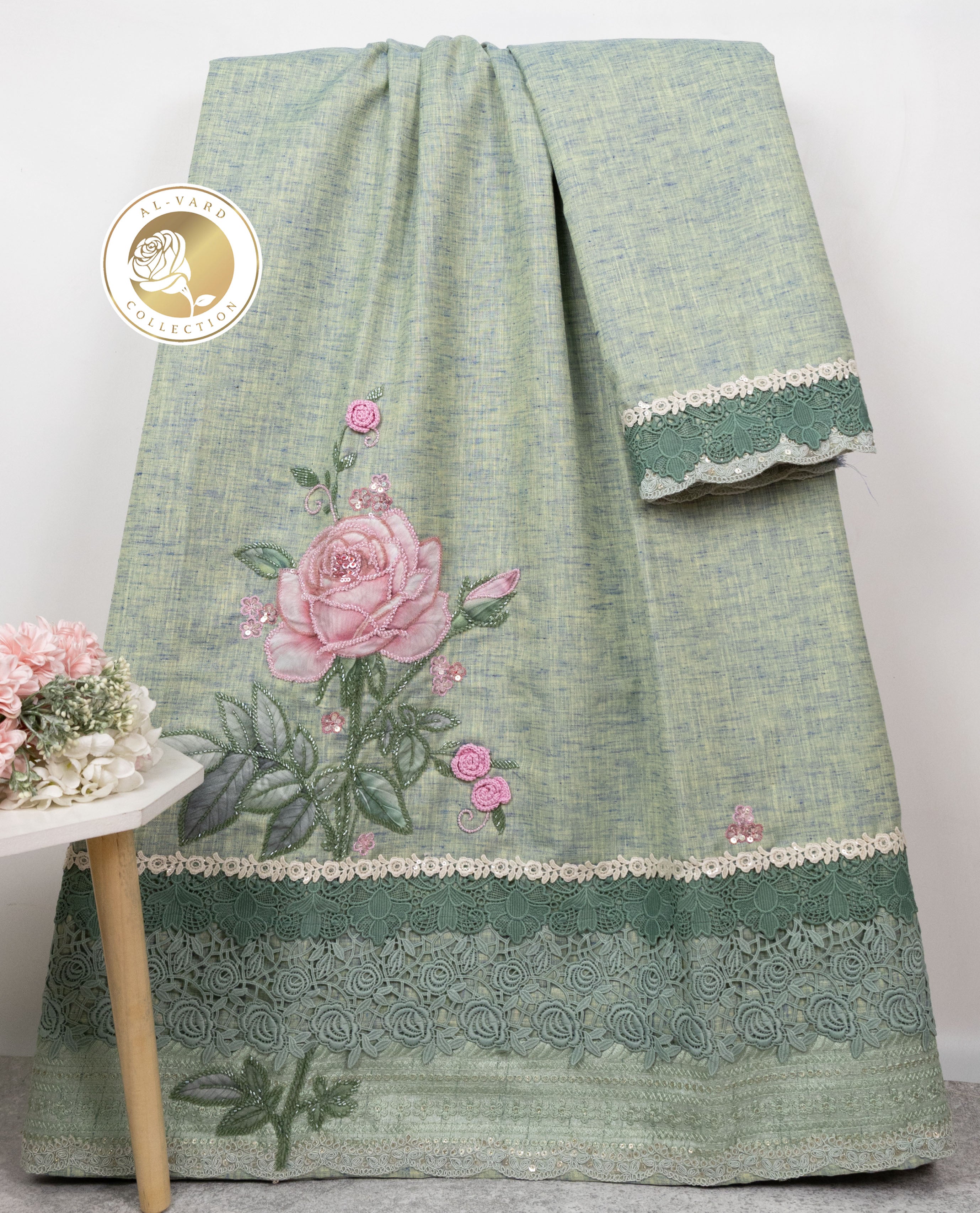 Chambray Green Rida With Smart Floral Lace & Smart Rose With Aari Work