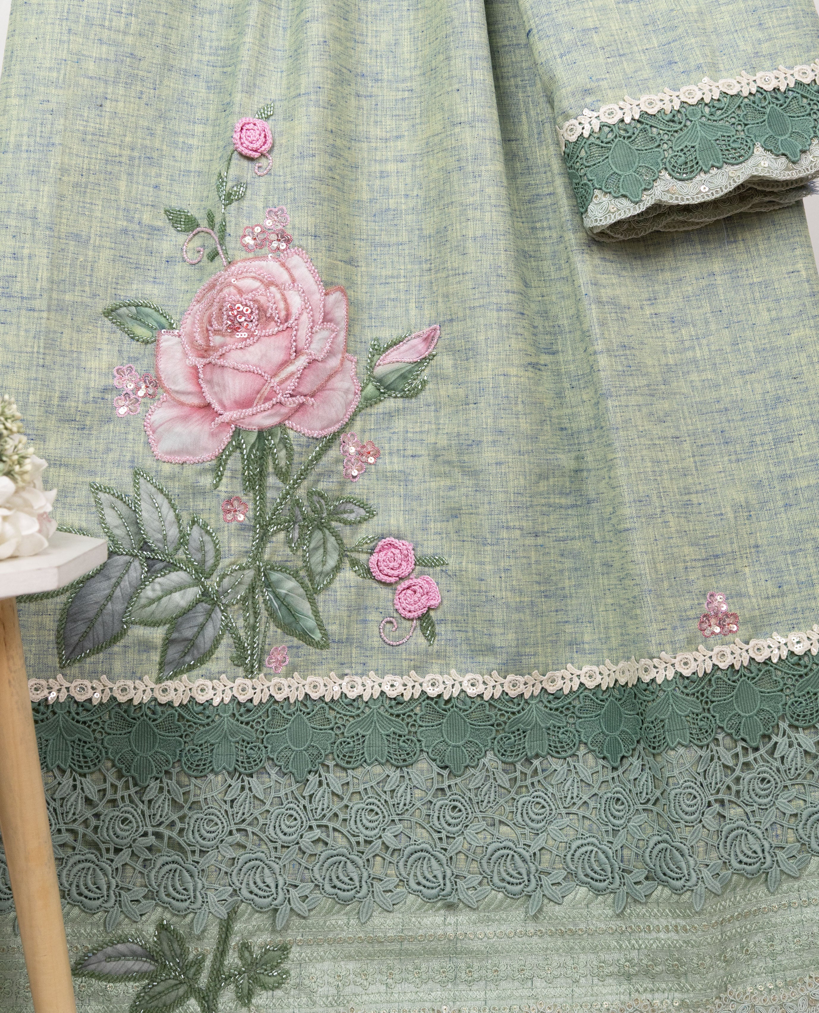 Chambray Green Rida With Smart Floral Lace & Smart Rose With Aari Work