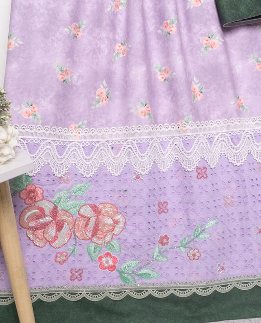 Light Purple Floral Print Rida With Smart Hakoba Panel & Aari Work