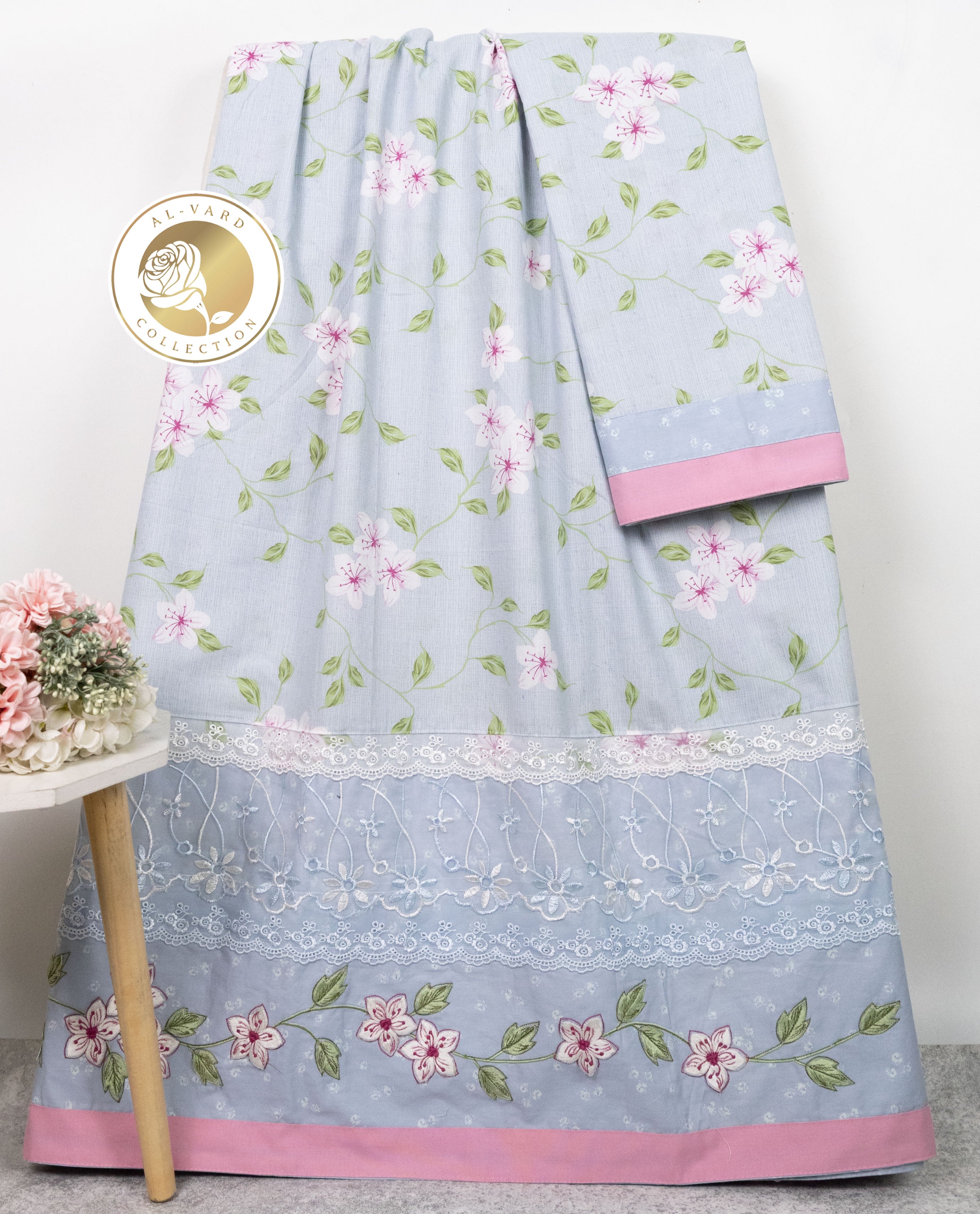 Light Blue Base Floral Printed Rida With Smart Lace & Smart Floral Embroidery Border On Panel
