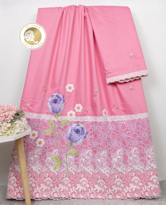 Rose Pink Rida With Floral White Lacing & Floral Work