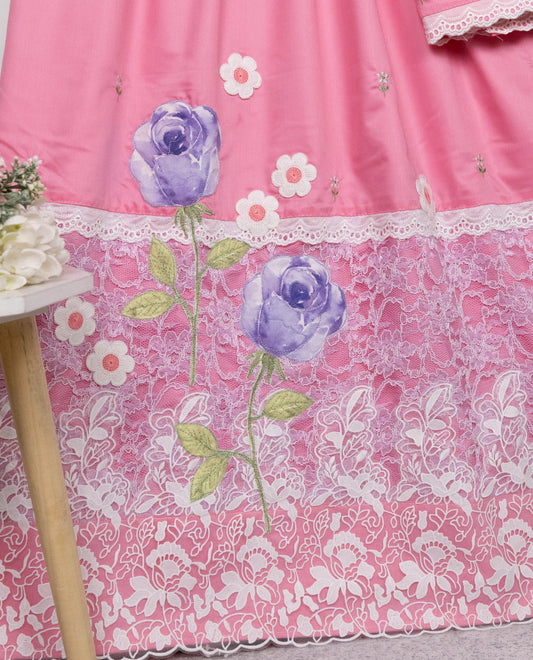 Rose Pink Rida With Floral White Lacing & Floral Work