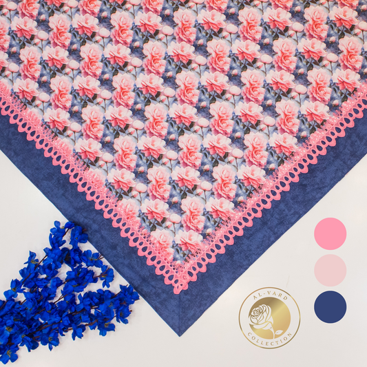 Royal Blue Pink Rose Printed Quilted Sujni With Smart Lace & Denim Blue On Border