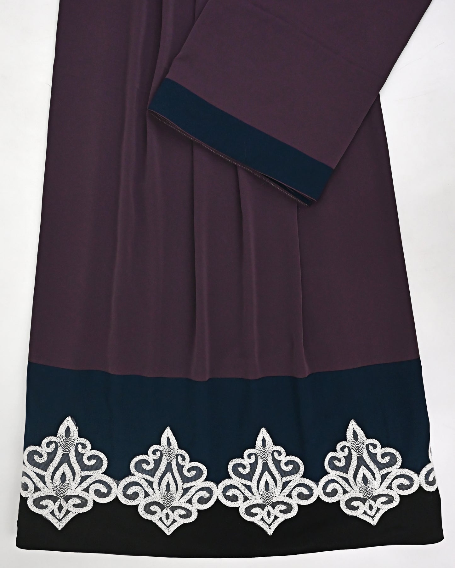 Aubergine Abaya Rida With Smart White Lace On Navy Blue Abaya Panel