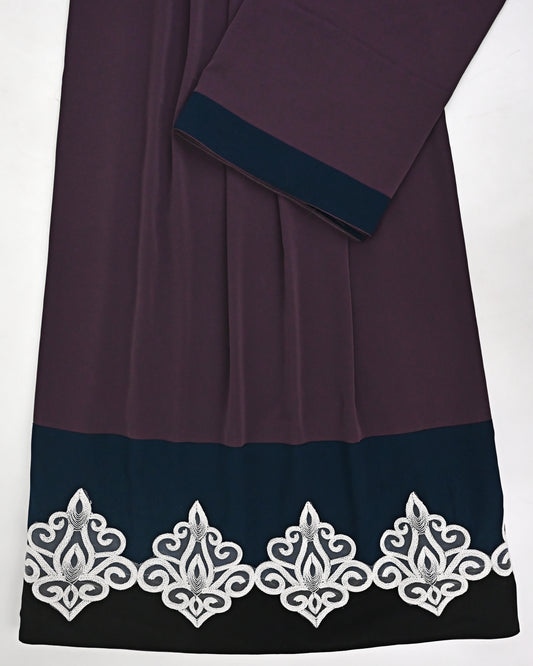 Aubergine Abaya Rida With Smart White Lace On Navy Blue Abaya Panel