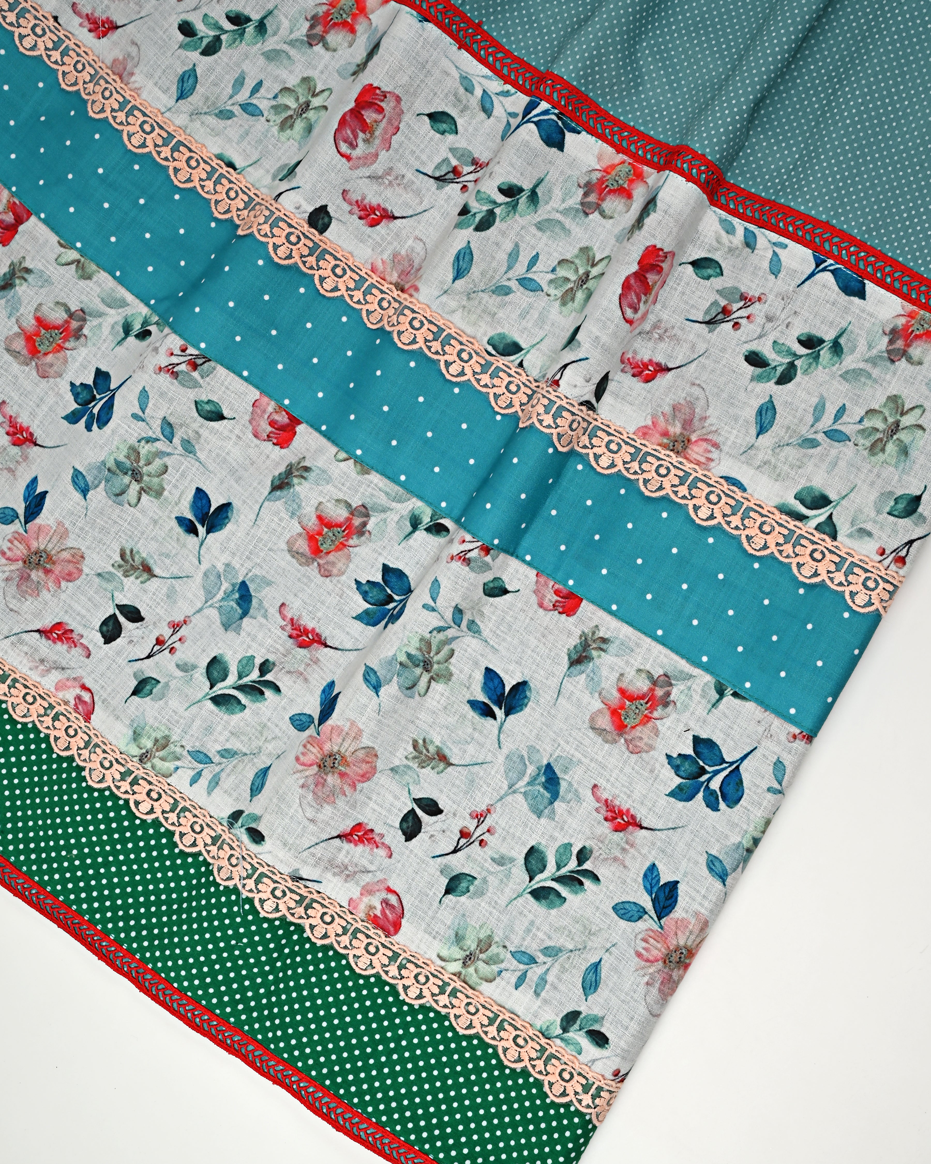 Teal White Dots Rida With Smart Floral Panel & Lace
