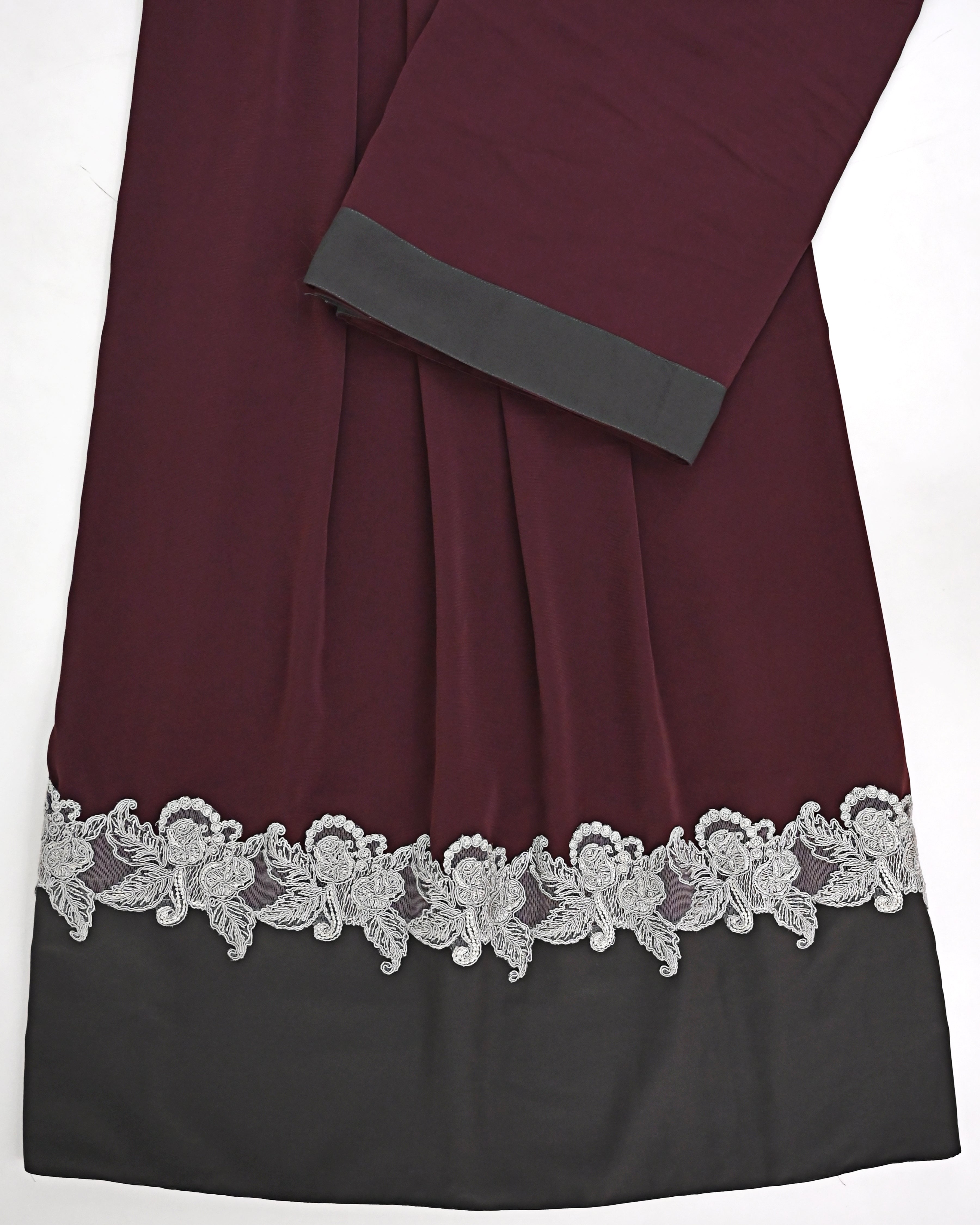 Wine Abaya Rida With Smart Floral Lace & Dark Grey Abaya Panel