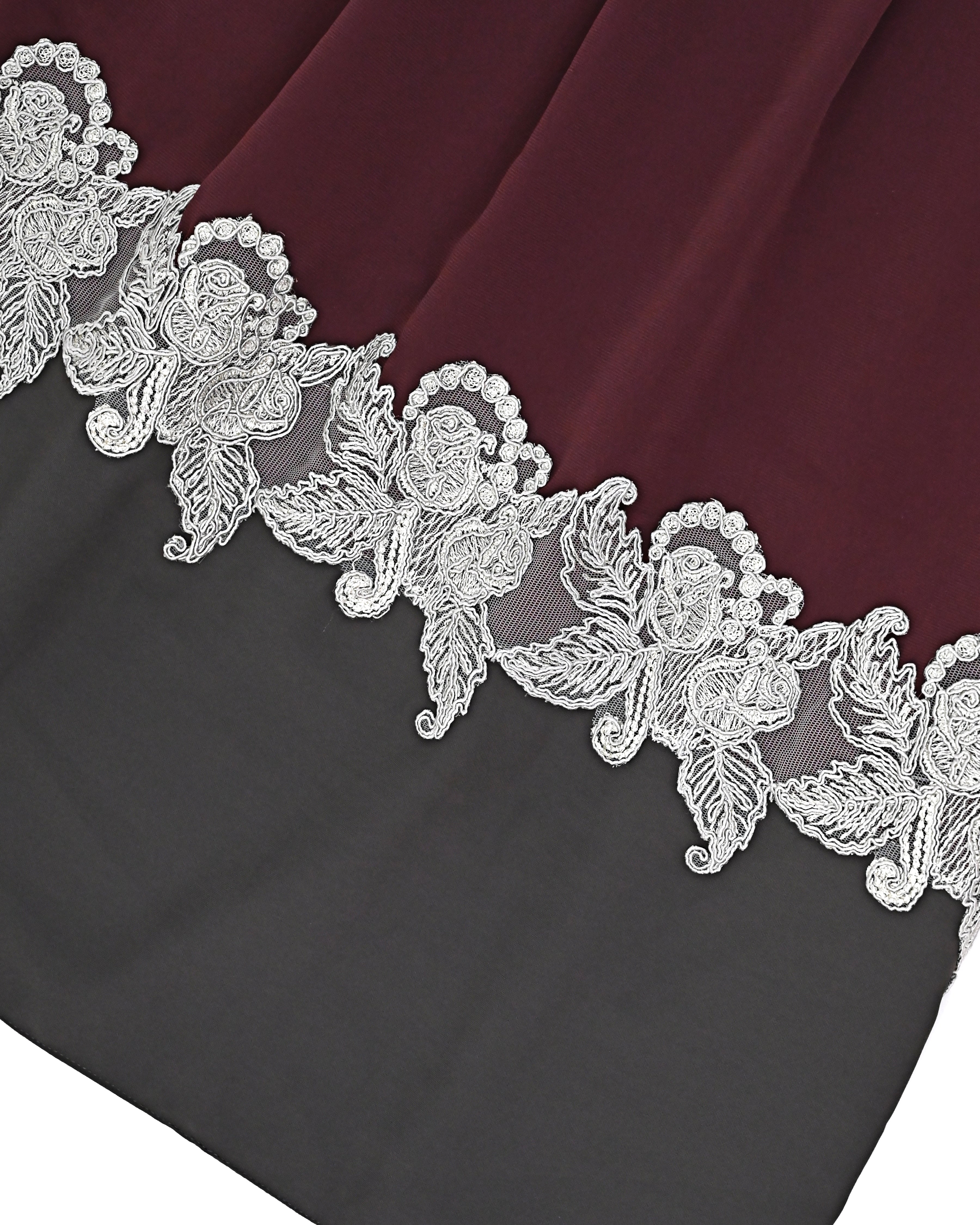 Wine Abaya Rida With Smart Floral Lace & Dark Grey Abaya Panel