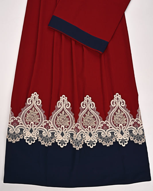 Dark Red Abaya Rida With Navy Abaya Panel & Smart Lace