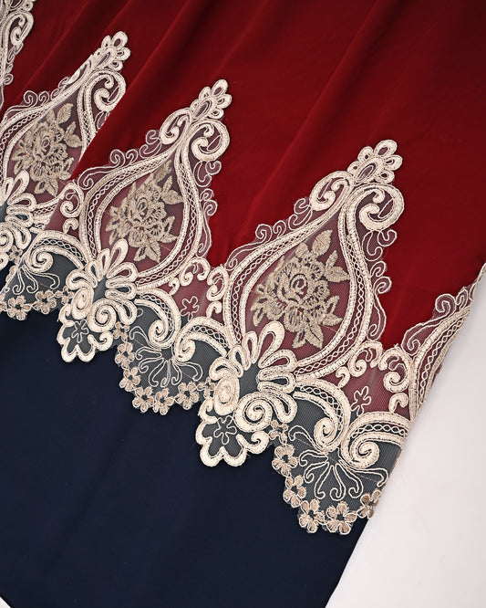 Dark Red Abaya Rida With Navy Abaya Panel & Smart Lace