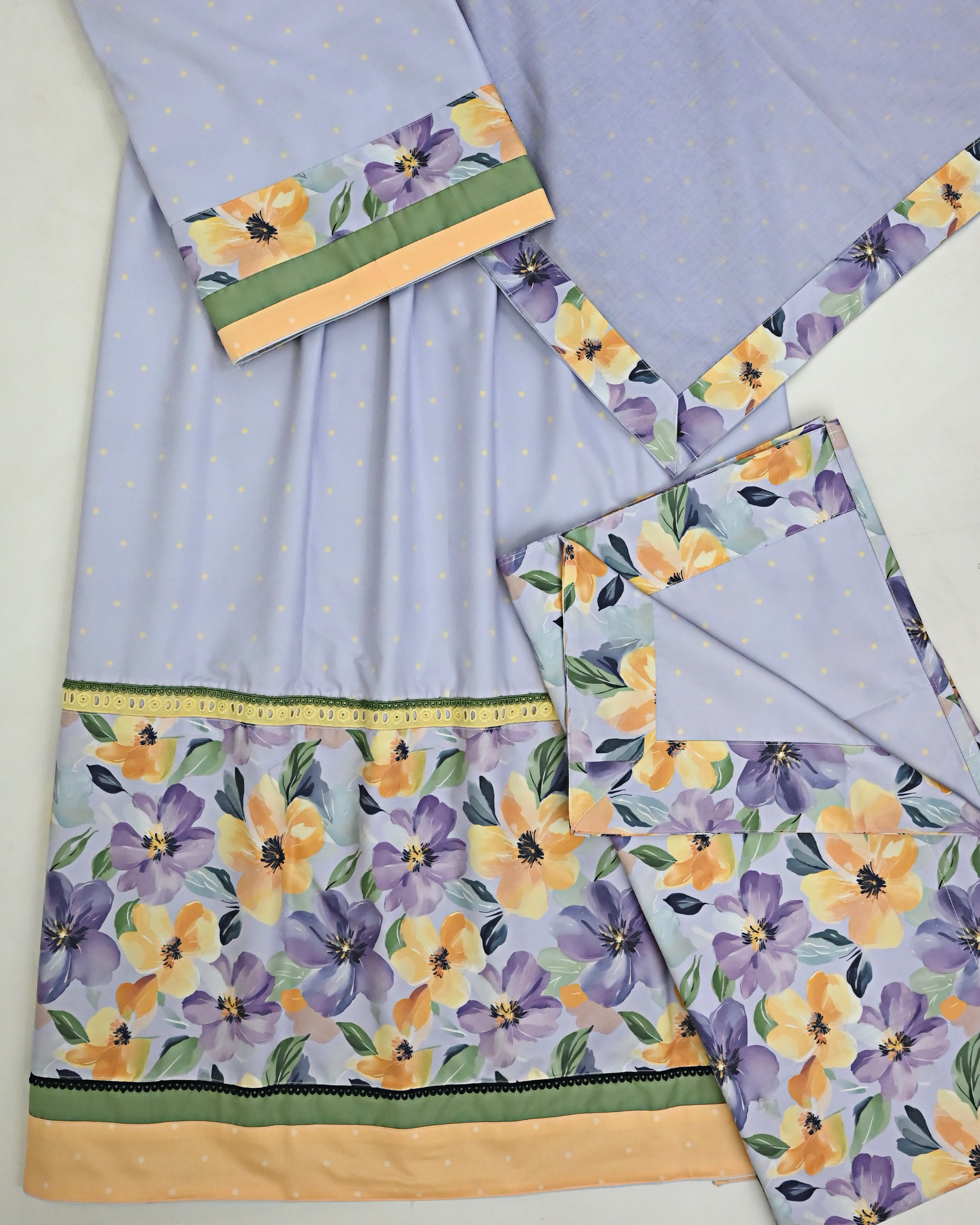 Lavendar RCJ With Floral Panel Same Quilted Masallah With Same Dupatta With Floral Border
