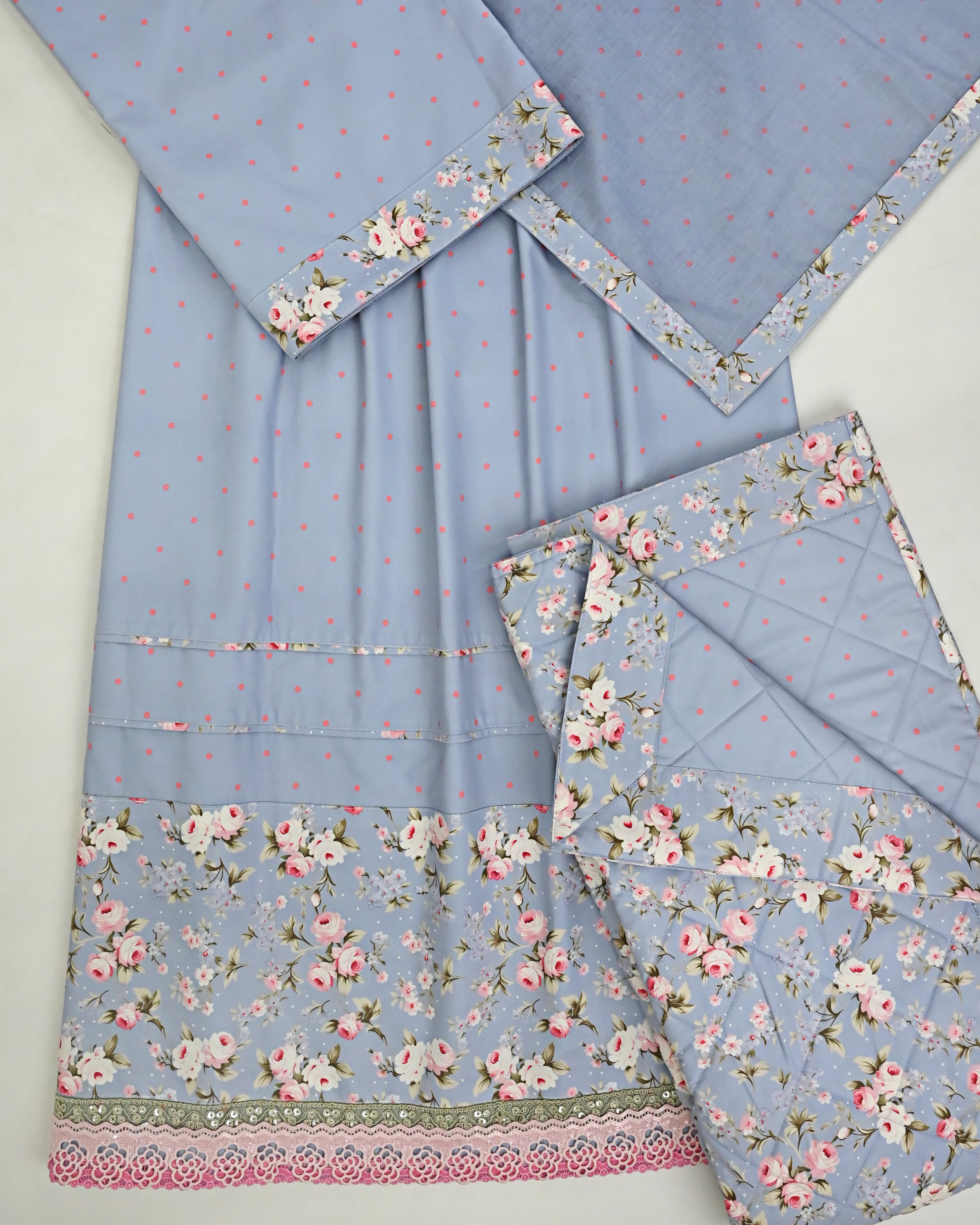 Dusty Blue Coral Pink Dots RCJ With Floral Panel Smart Lace Pipin With Same Quilted Masallah & Dupatta