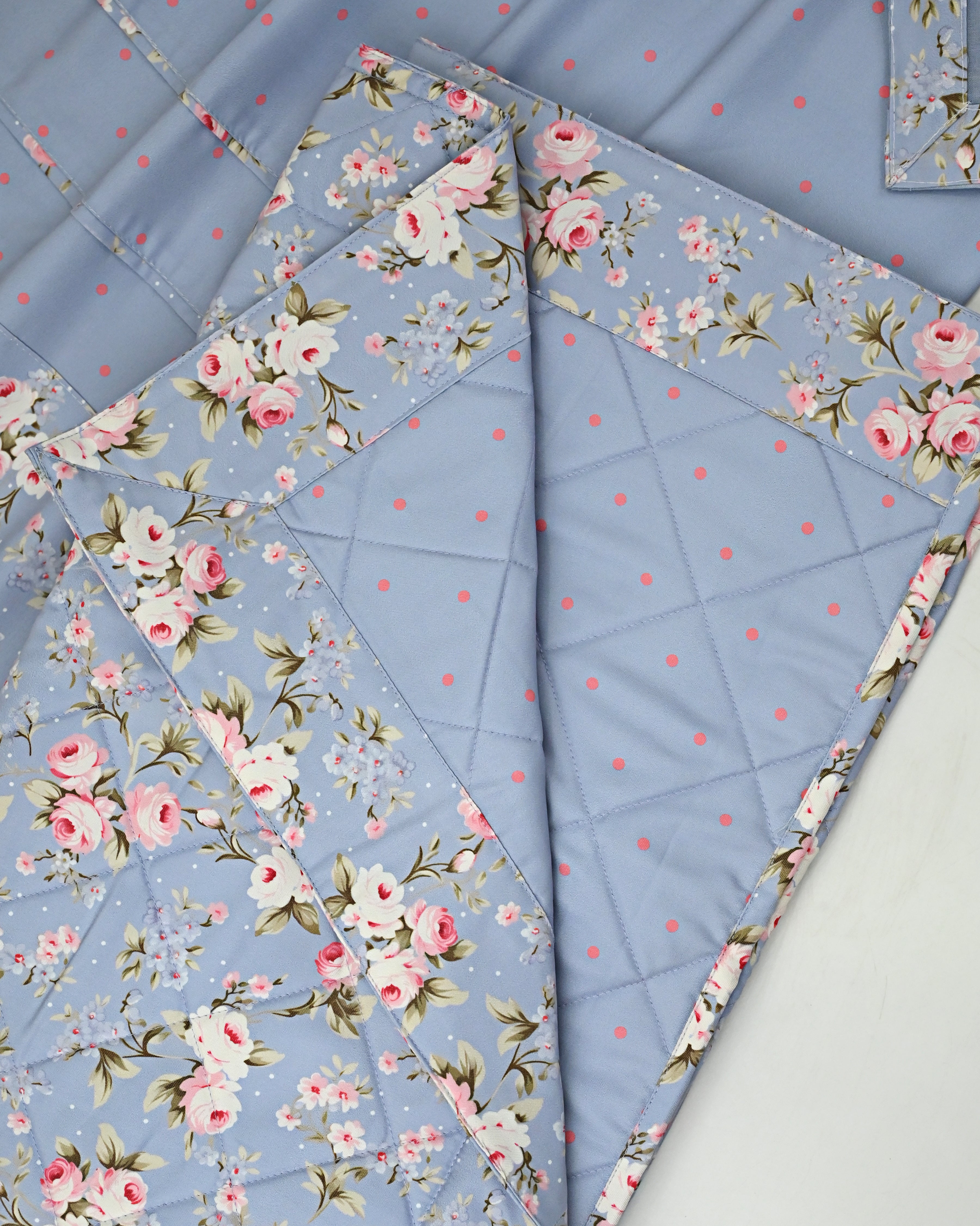 Dusty Blue Coral Pink Dots RCJ With Floral Panel Smart Lace Pipin With Same Quilted Masallah & Dupatta