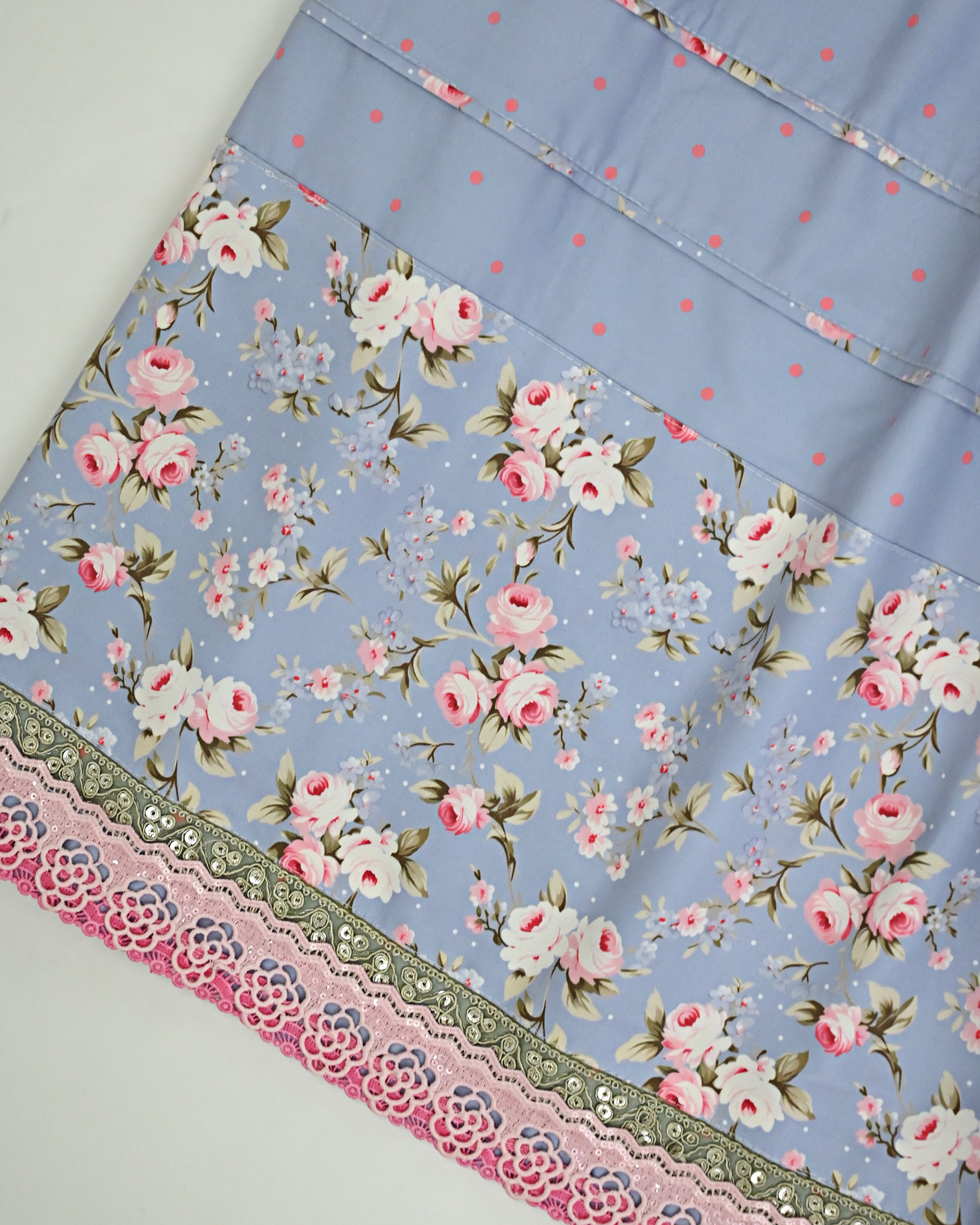 Dusty Blue Coral Pink Dots RCJ With Floral Panel Smart Lace Pipin With Same Quilted Masallah & Dupatta