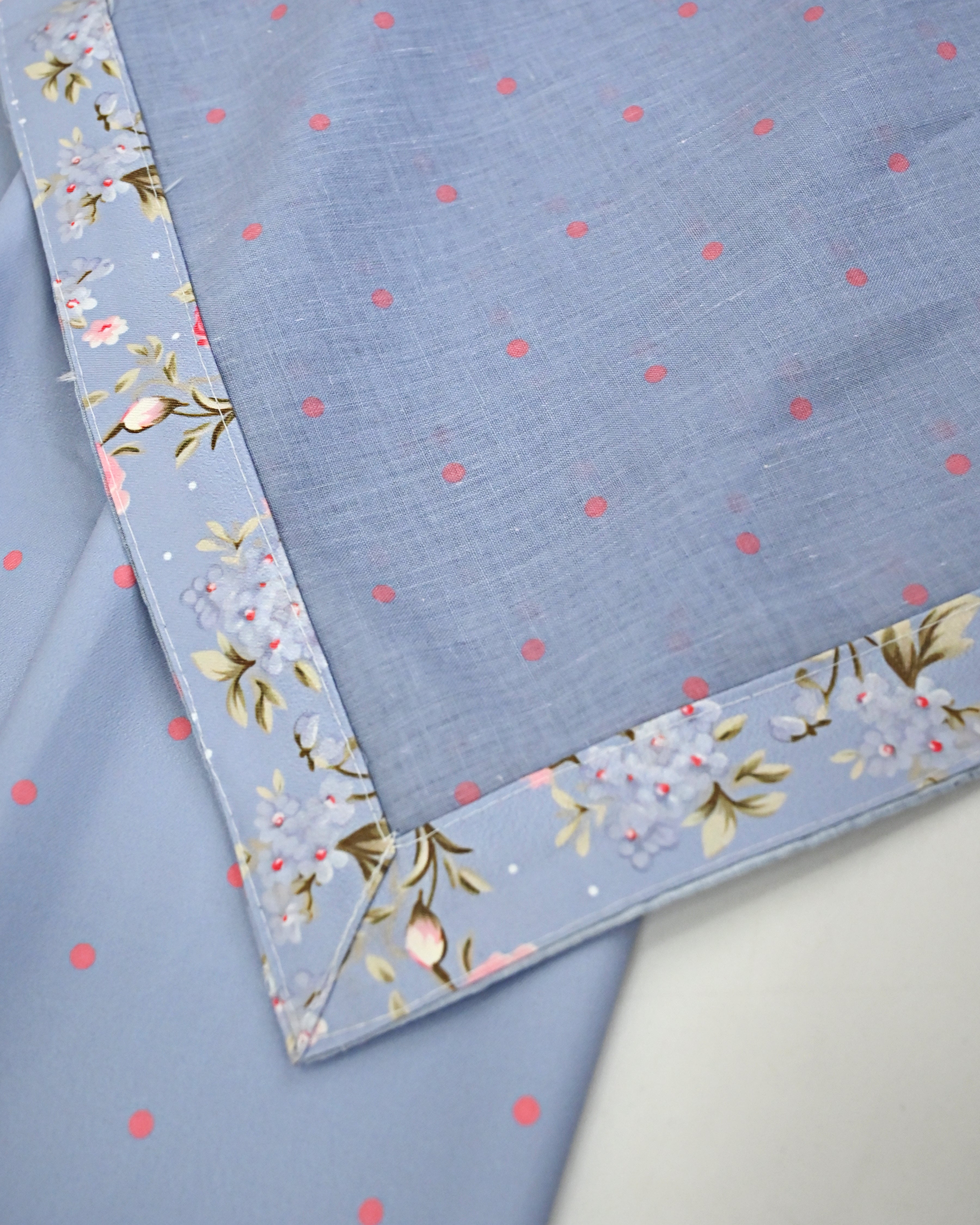 Dusty Blue Coral Pink Dots RCJ With Floral Panel Smart Lace Pipin With Same Quilted Masallah & Dupatta