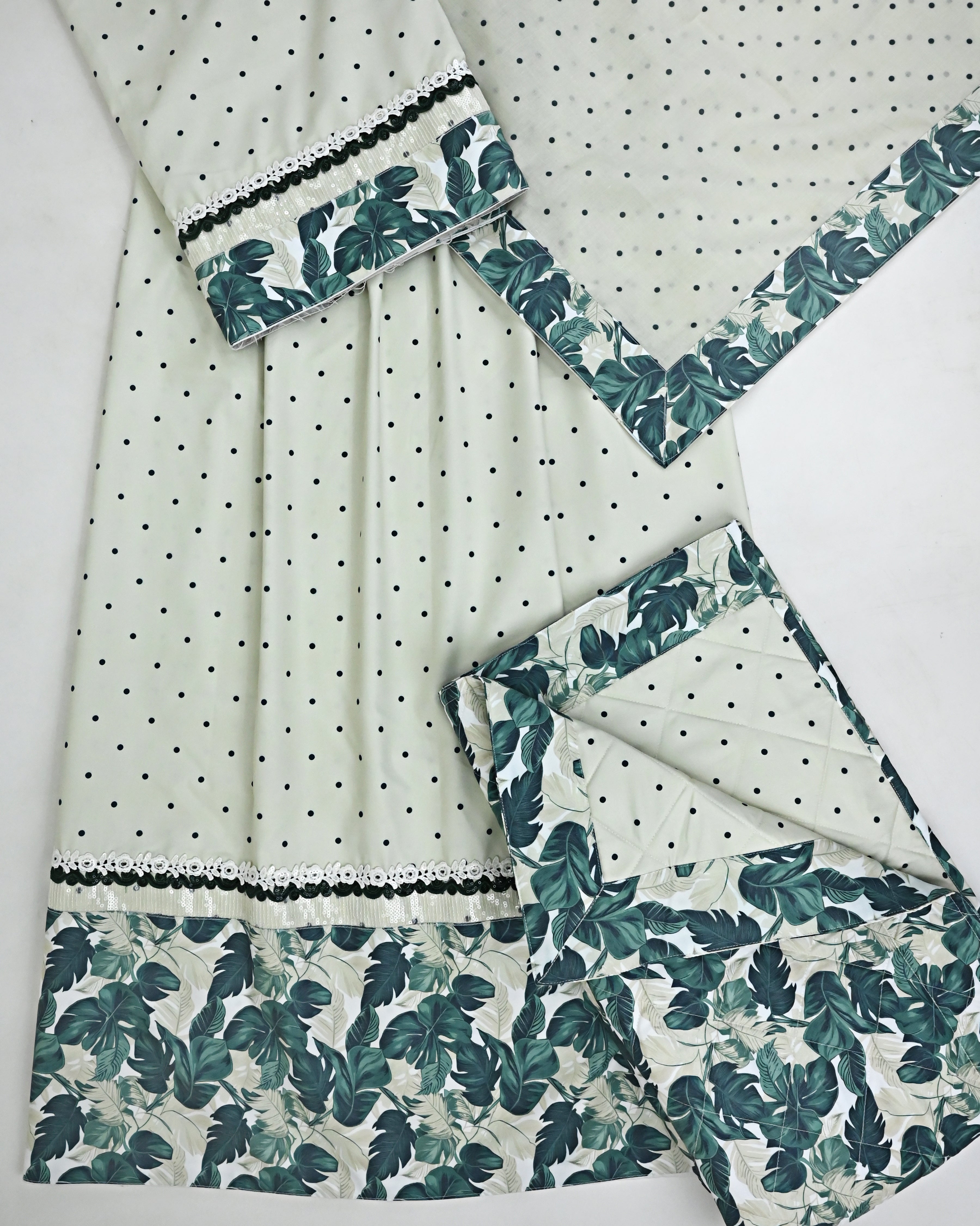 Ivory Green Dots RCJ With Smart Dark Leafy Panel With Quilted Masallah & Smart Border Dupatta