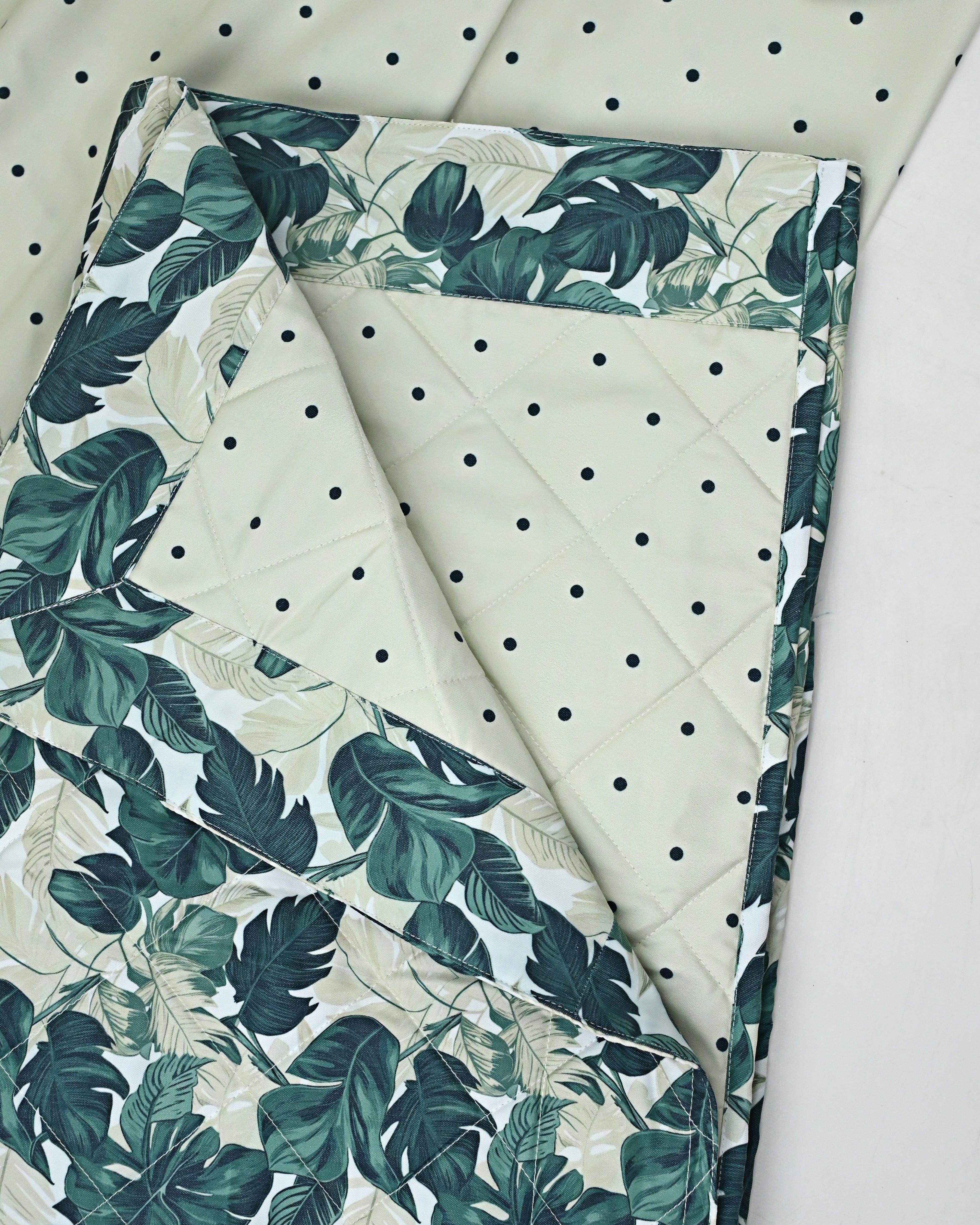 Ivory Green Dots RCJ With Smart Dark Leafy Panel With Quilted Masallah & Smart Border Dupatta
