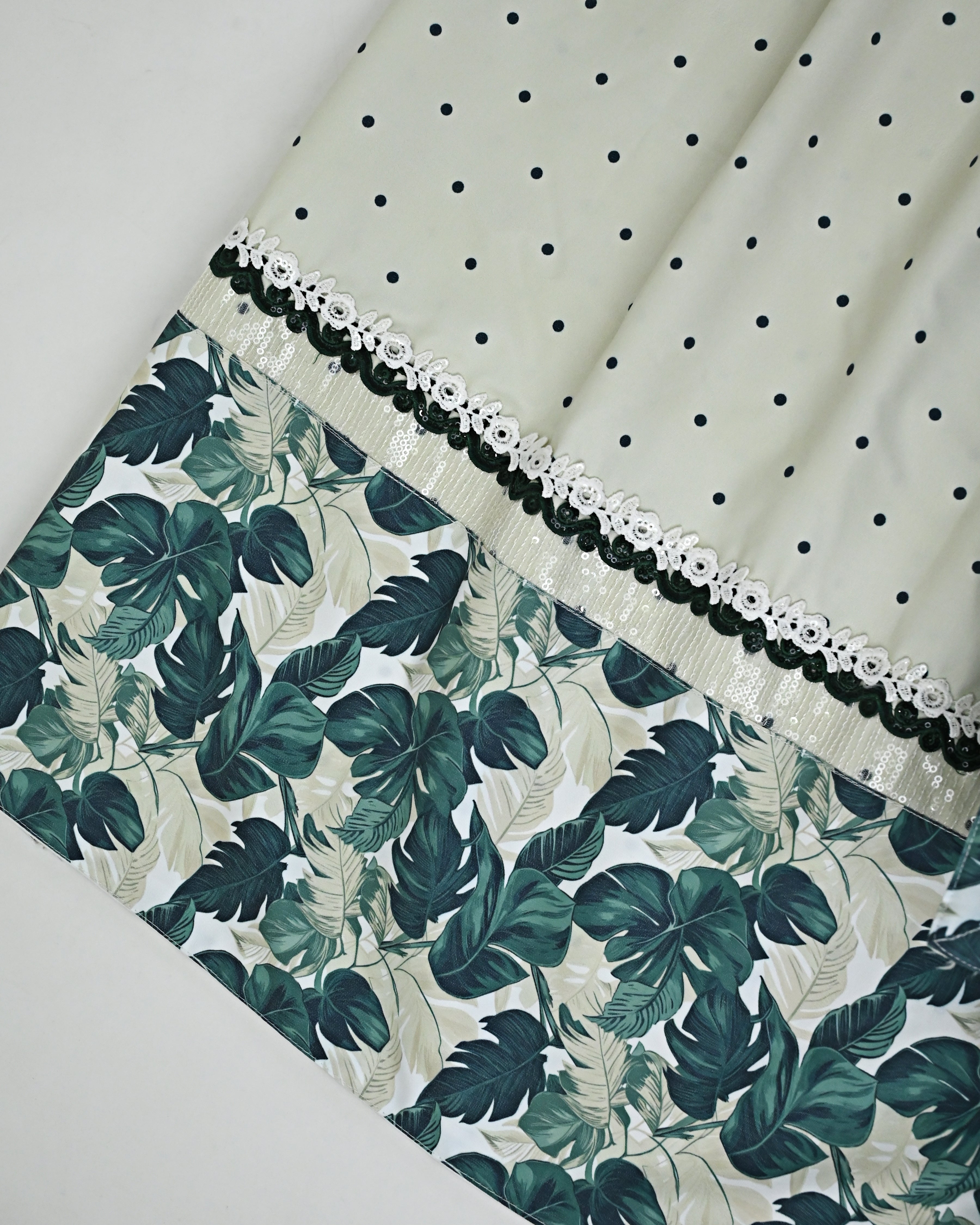 Ivory Green Dots RCJ With Smart Dark Leafy Panel With Quilted Masallah & Smart Border Dupatta