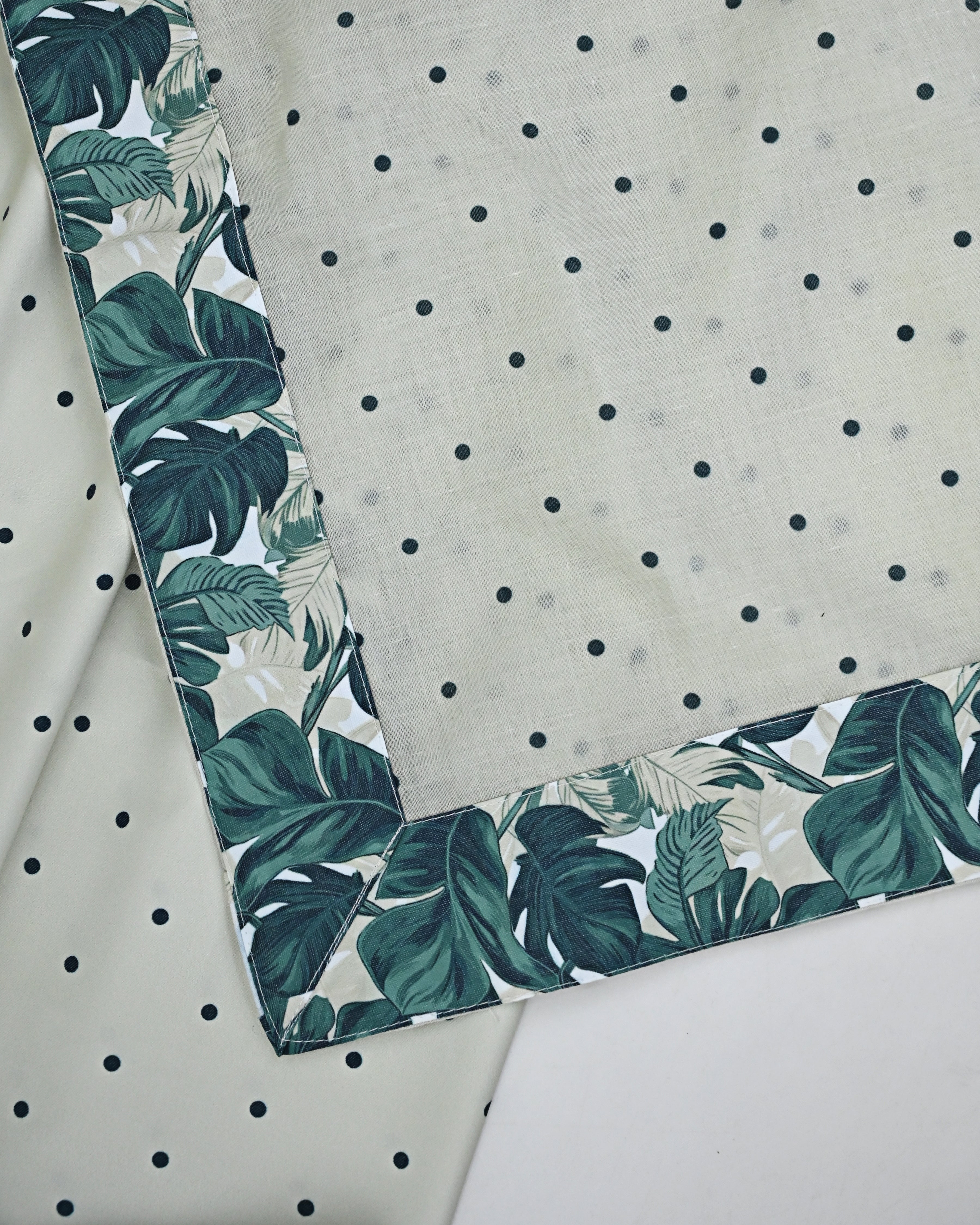 Ivory Green Dots RCJ With Smart Dark Leafy Panel With Quilted Masallah & Smart Border Dupatta