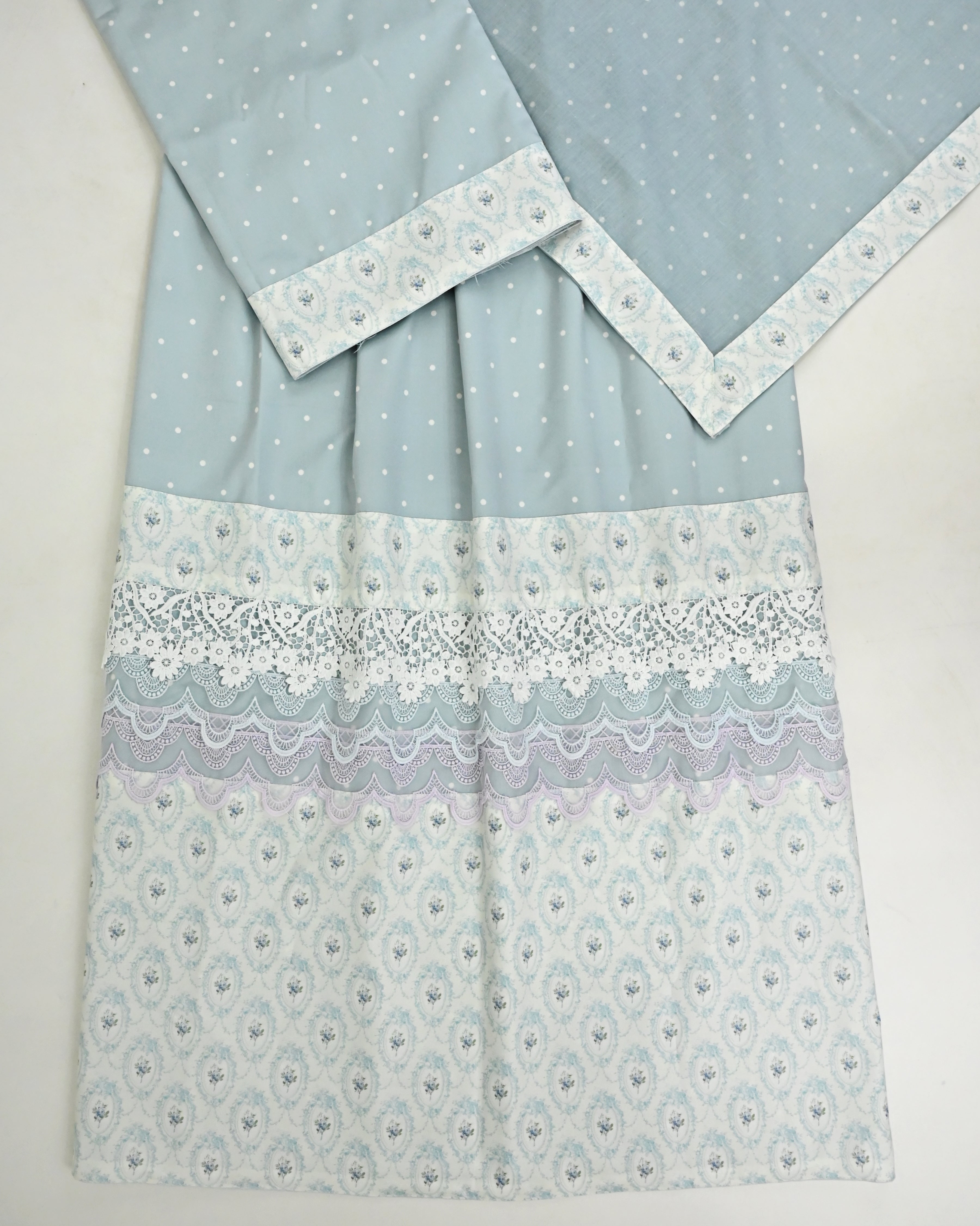 Grayish Blue White Dots RCJ With Smart Floral Panel Lacing With Non Quilted Masallah & Same Dupatta