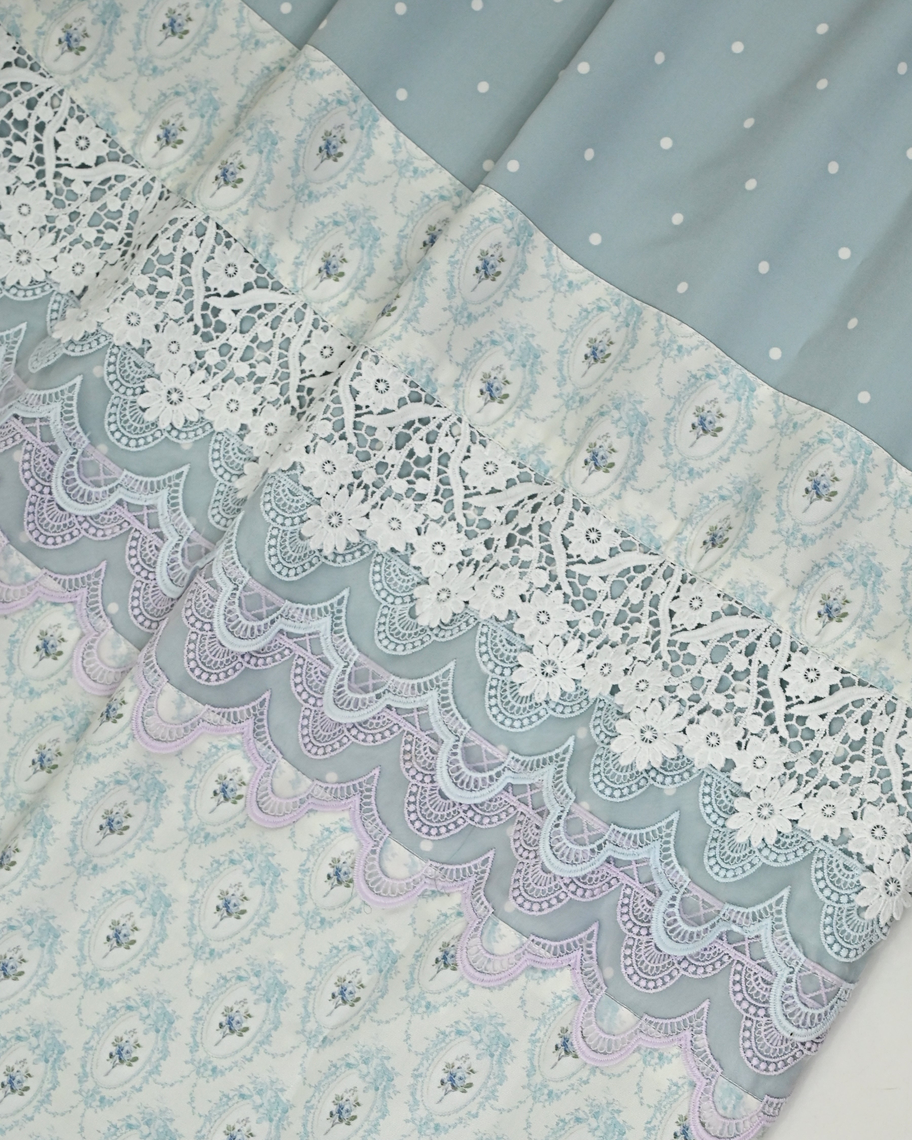 Grayish Blue White Dots RCJ With Smart Floral Panel Lacing With Non Quilted Masallah & Same Dupatta