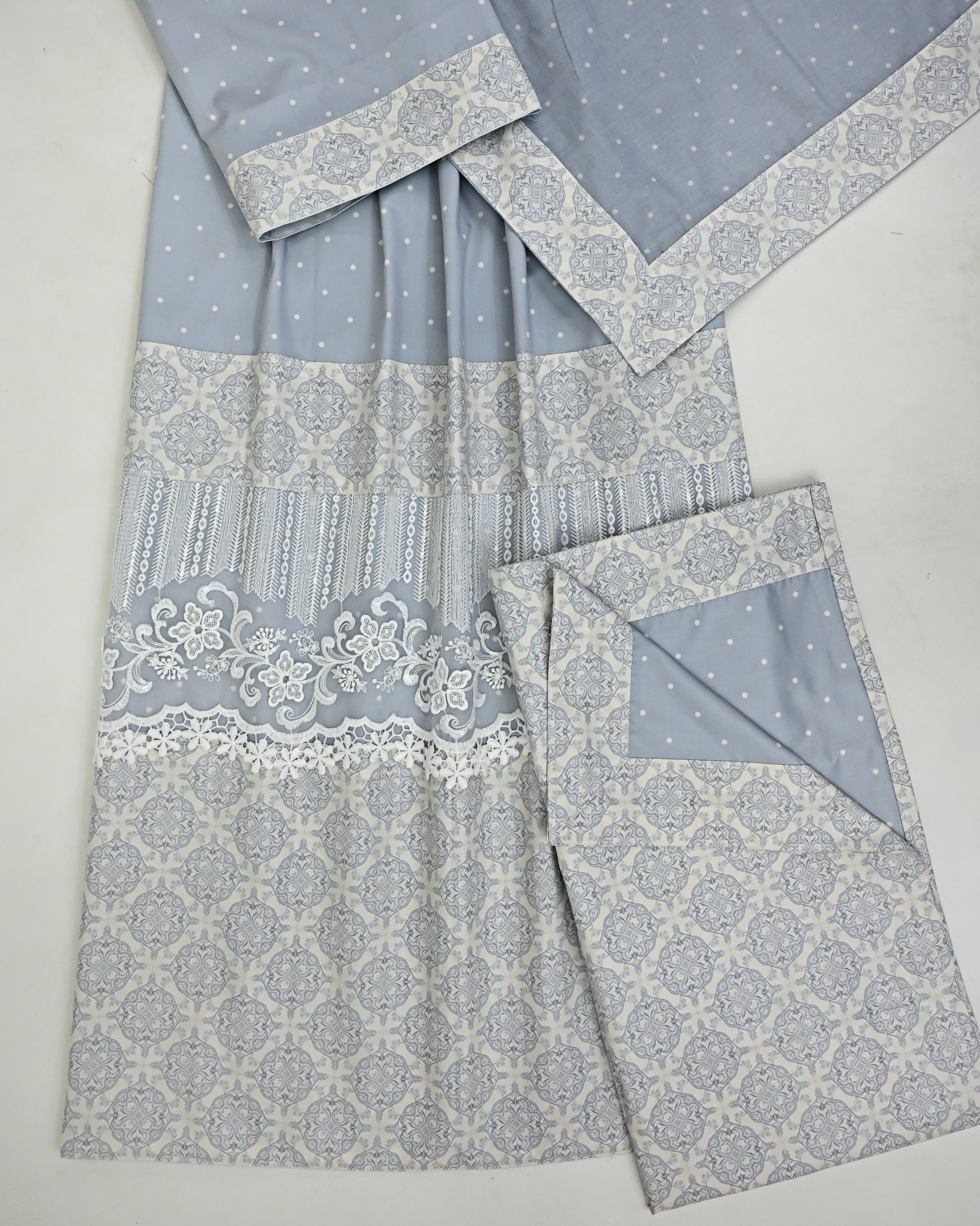 Slate Blue White Dots RCJ With Floral Design Print Panel Smart Lace & Non Quilted Masallah Same Dupatta