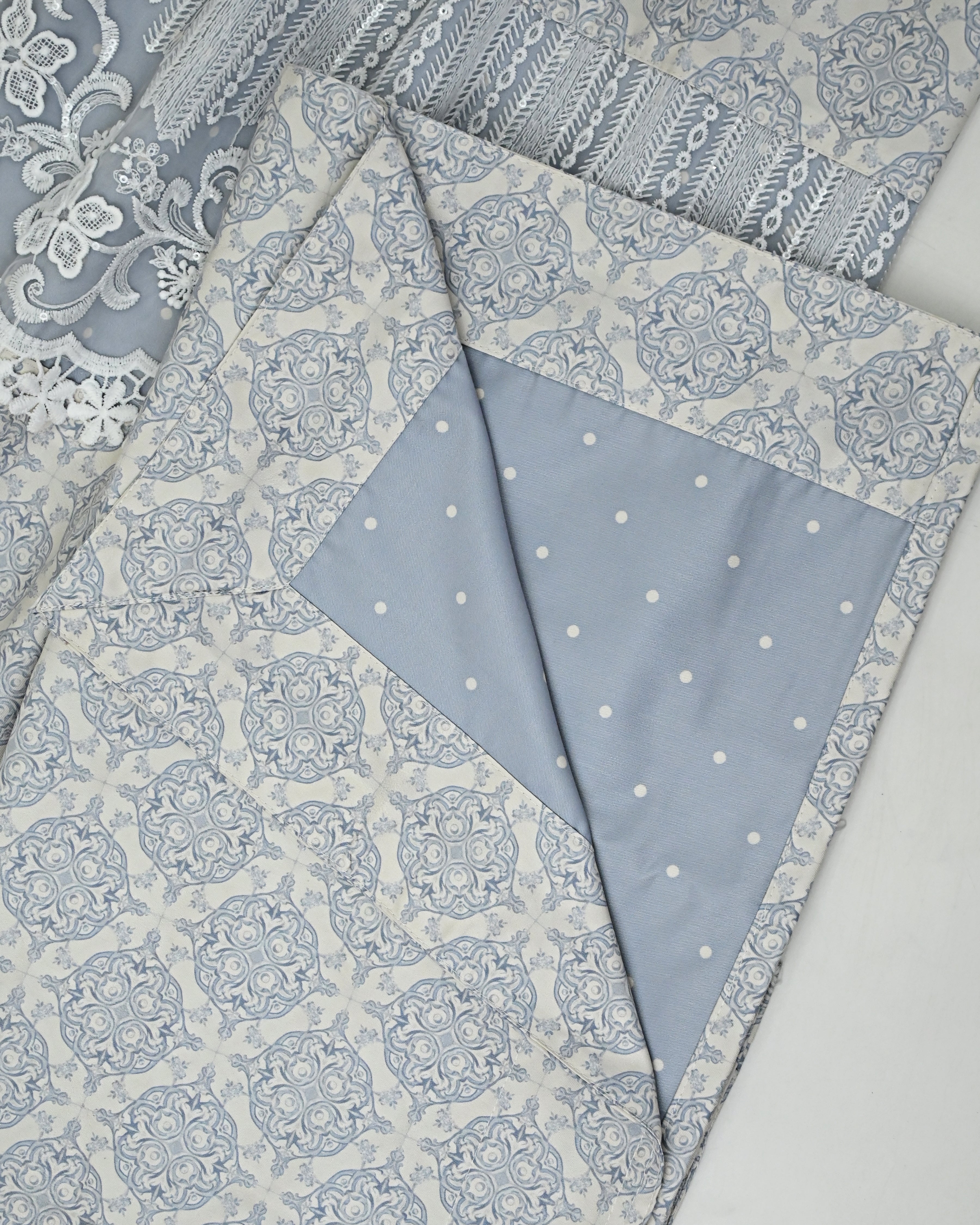Slate Blue White Dots RCJ With Floral Design Print Panel Smart Lace & Non Quilted Masallah Same Dupatta