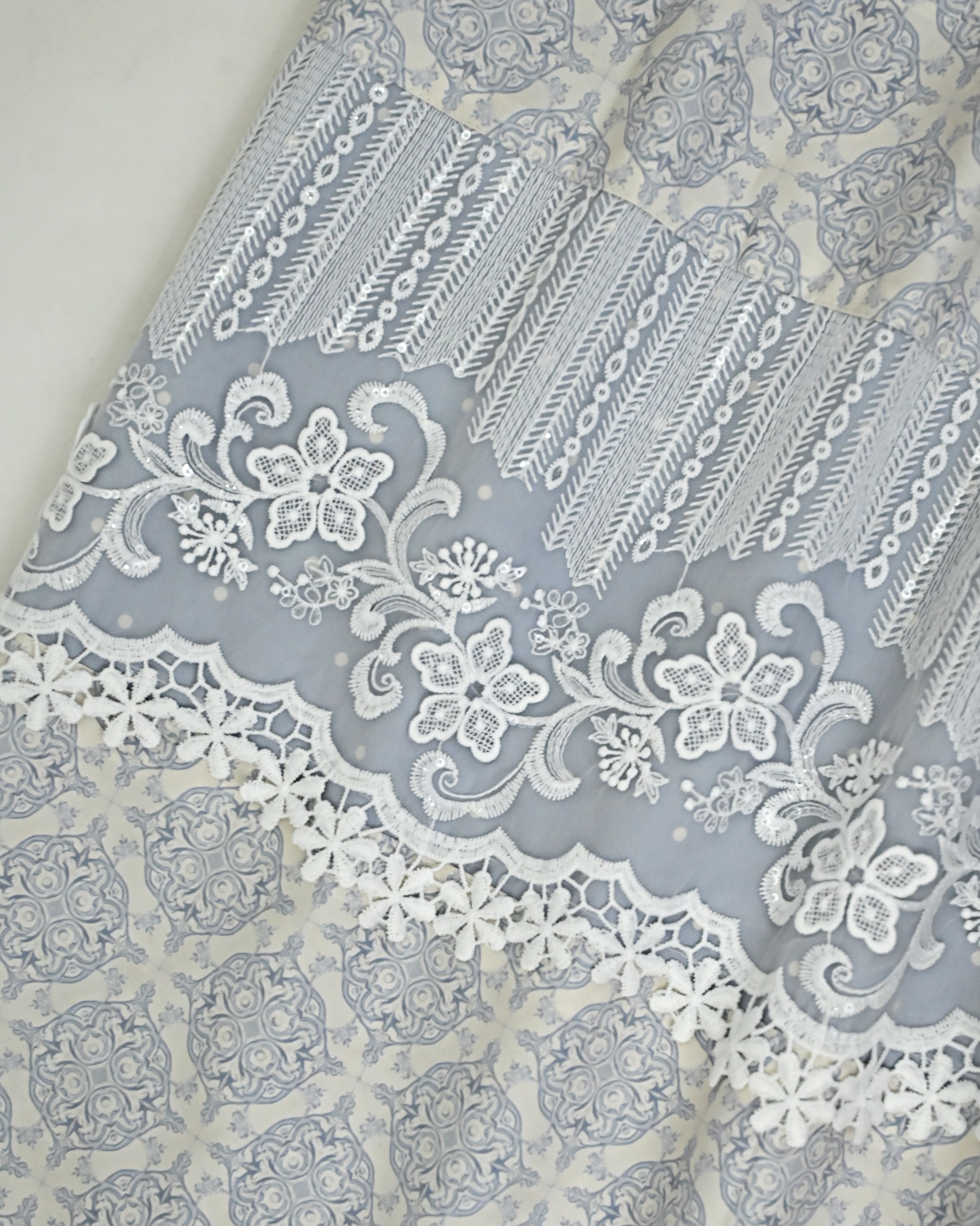 Slate Blue White Dots RCJ With Floral Design Print Panel Smart Lace & Non Quilted Masallah Same Dupatta