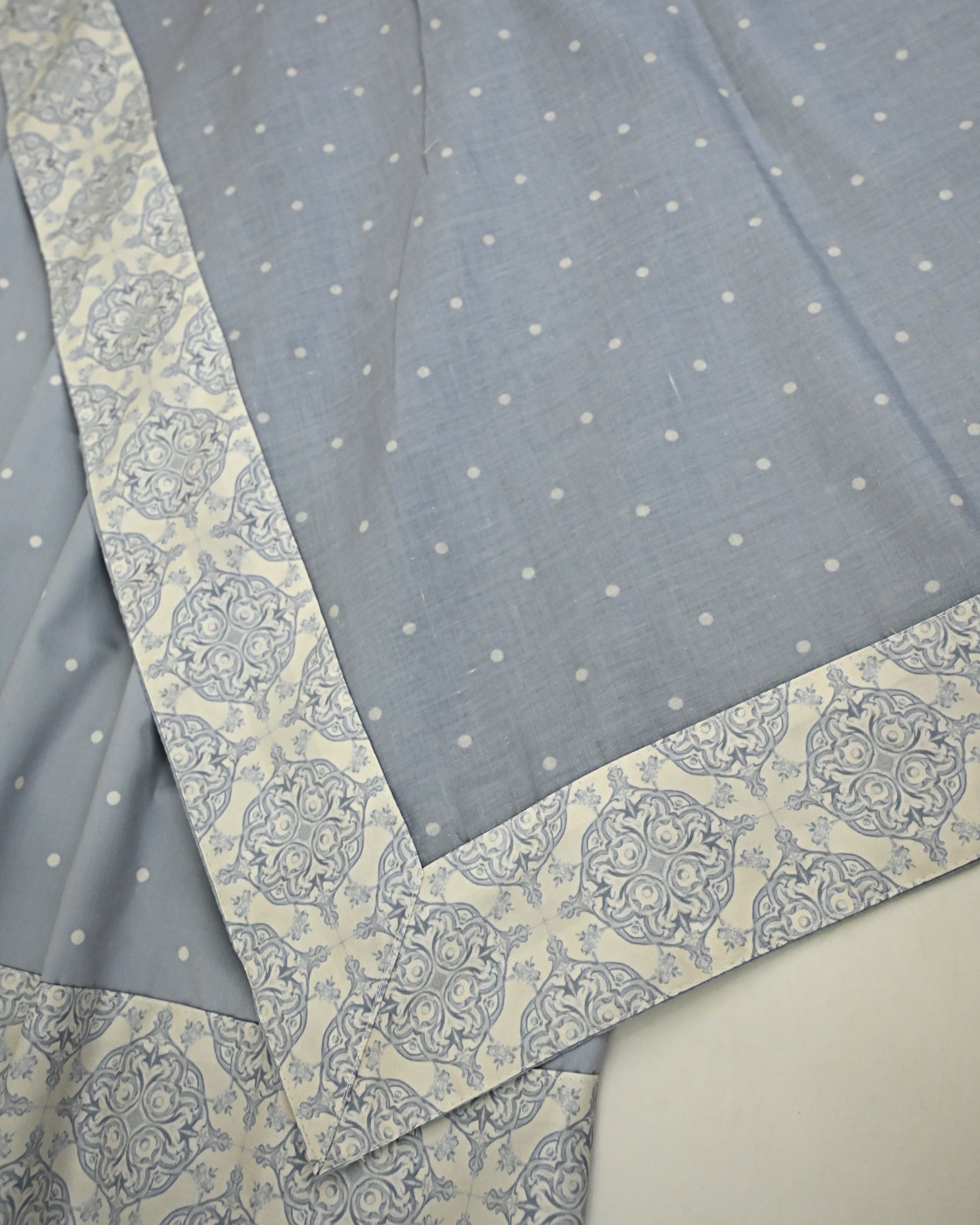 Slate Blue White Dots RCJ With Floral Design Print Panel Smart Lace & Non Quilted Masallah Same Dupatta
