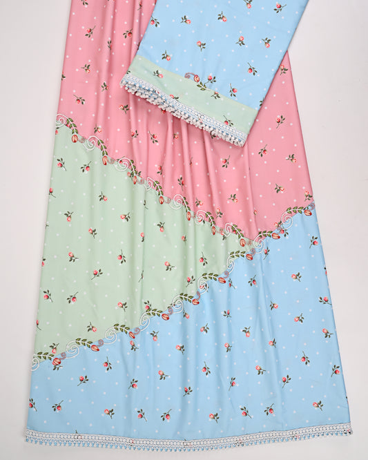 Three Pastle Shade Floral Print Rida With Smart Pattern & Moti Work