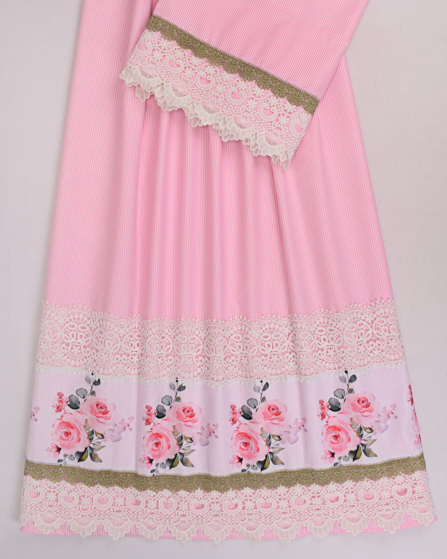 Baby Pink Stripes With Floral Panel & Smart Lace