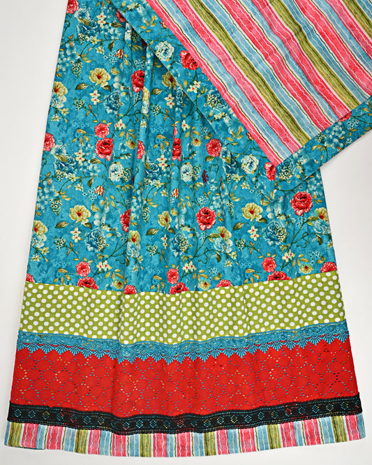 Dark Blue Base Floral Printed Jodi With Smart Panel Lace & Multi Color Dupatta
