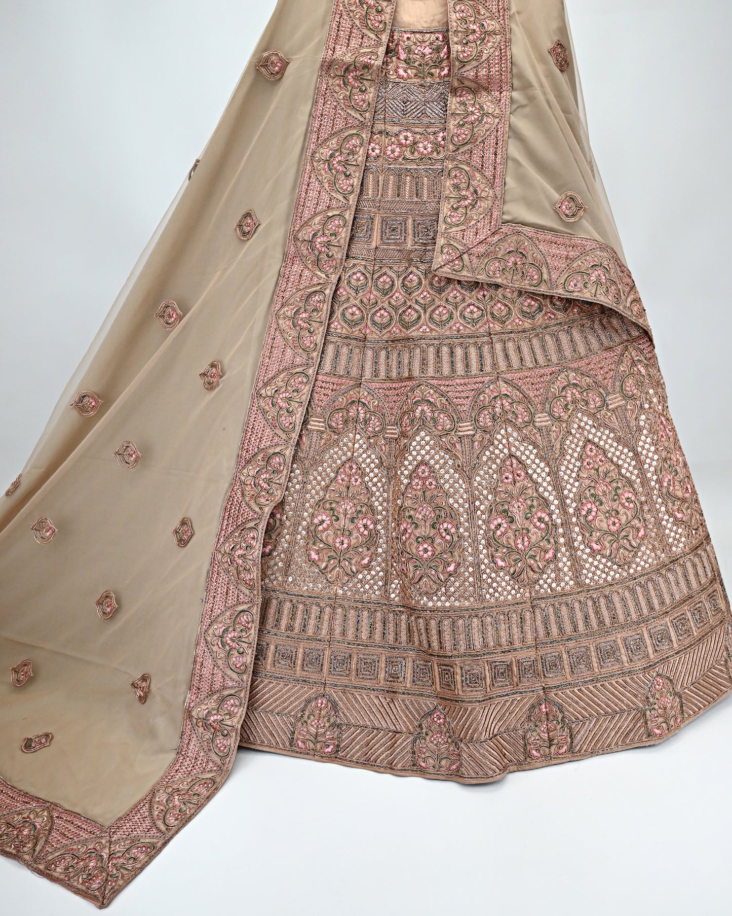 Coral Peach Bridal Jodi With Full Mix Work Embriodery Aari & With Net Aari Border Dupatta