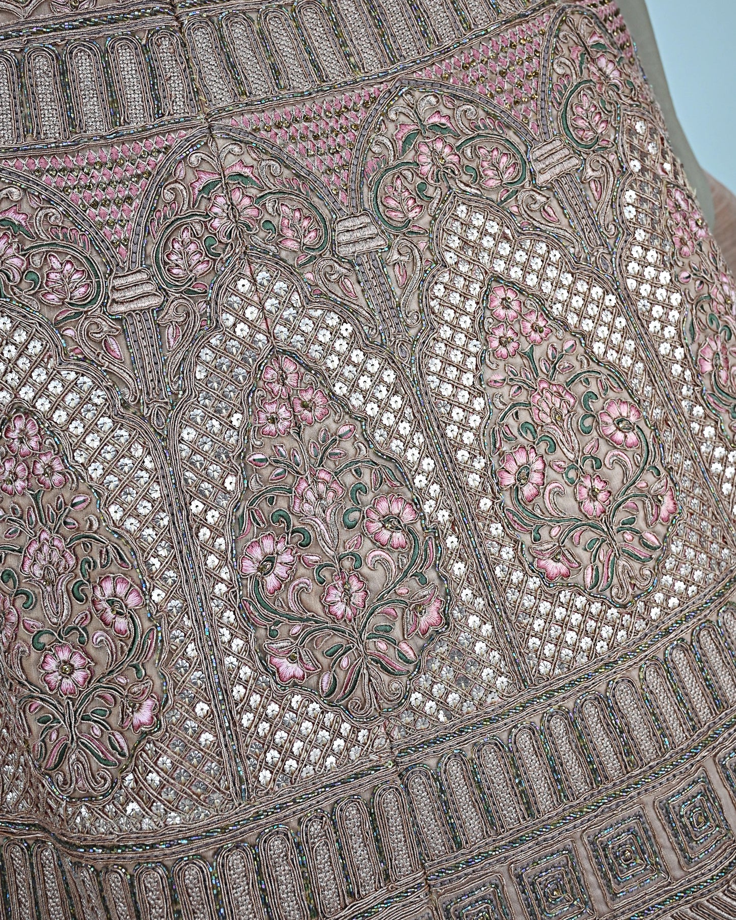 Coral Peach Bridal Jodi With Full Mix Work Embriodery Aari & With Net Aari Border Dupatta