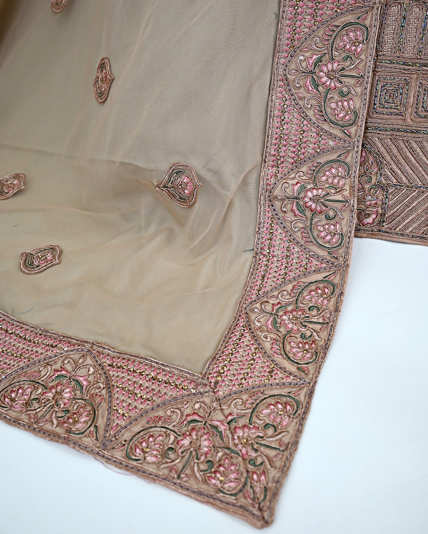Coral Peach Bridal Jodi With Full Mix Work Embriodery Aari & With Net Aari Border Dupatta