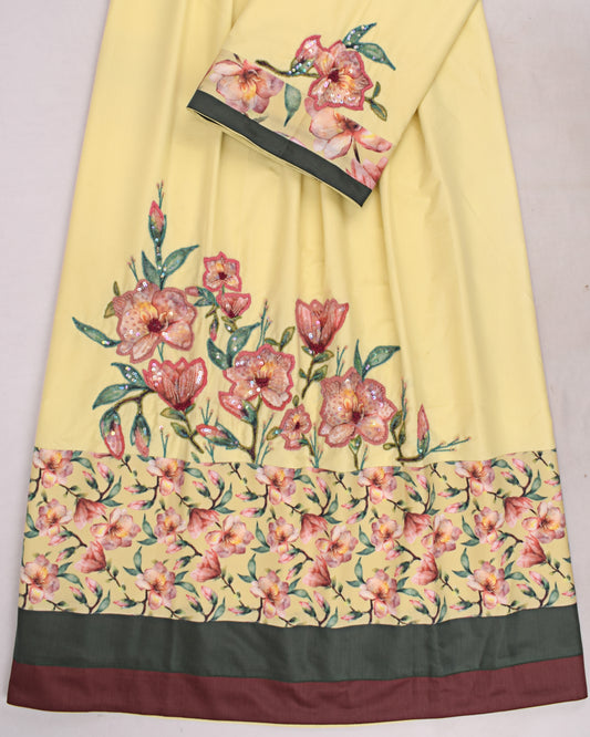 Lemon Yellow Rida With Floral Printed Panel & Floral Handwork