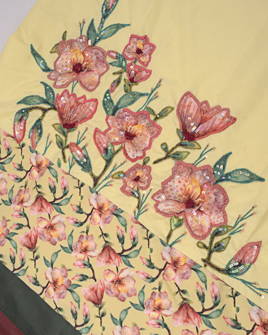 Lemon Yellow Rida With Floral Printed Panel & Floral Handwork