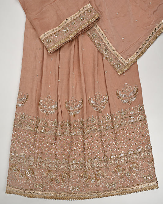 Rose Gold RCJ With Heavy Golden Aari Work & Plain Dupatta With Border