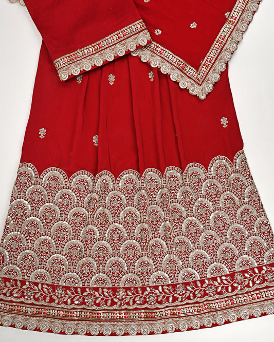 Red RCJ With Heavy Golden Work With Dupatta With Golden Lace