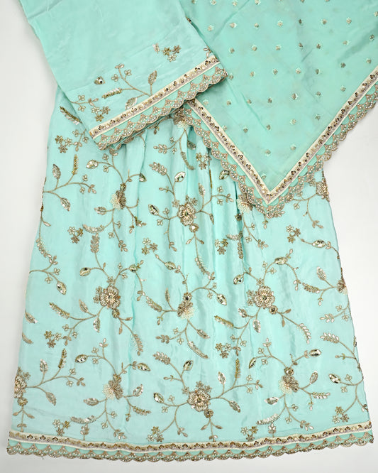 Mint RCJ With Full Floral Heavy Work & Dupatta With Lite Border