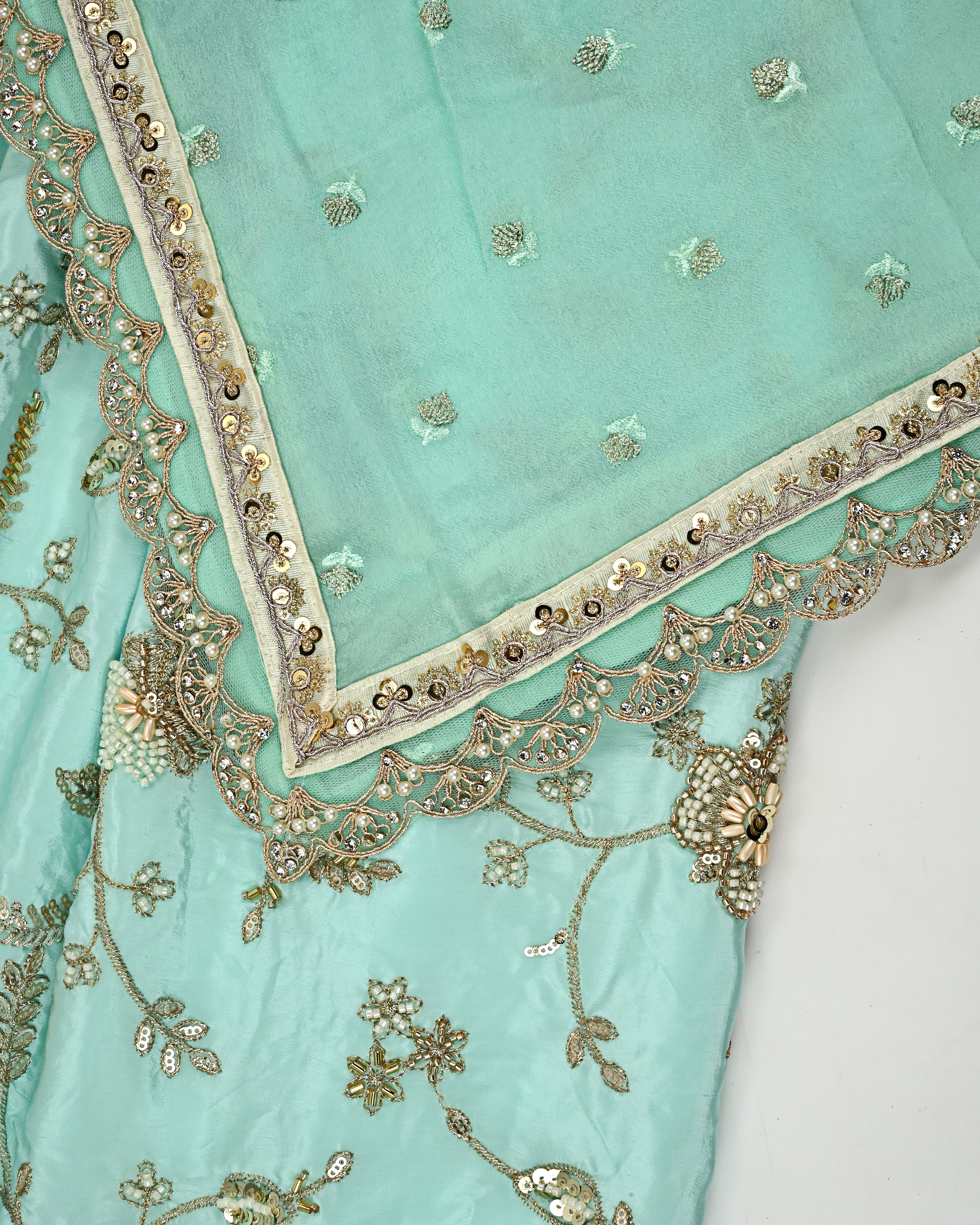 Mint RCJ With Full Floral Heavy Work & Dupatta With Lite Border
