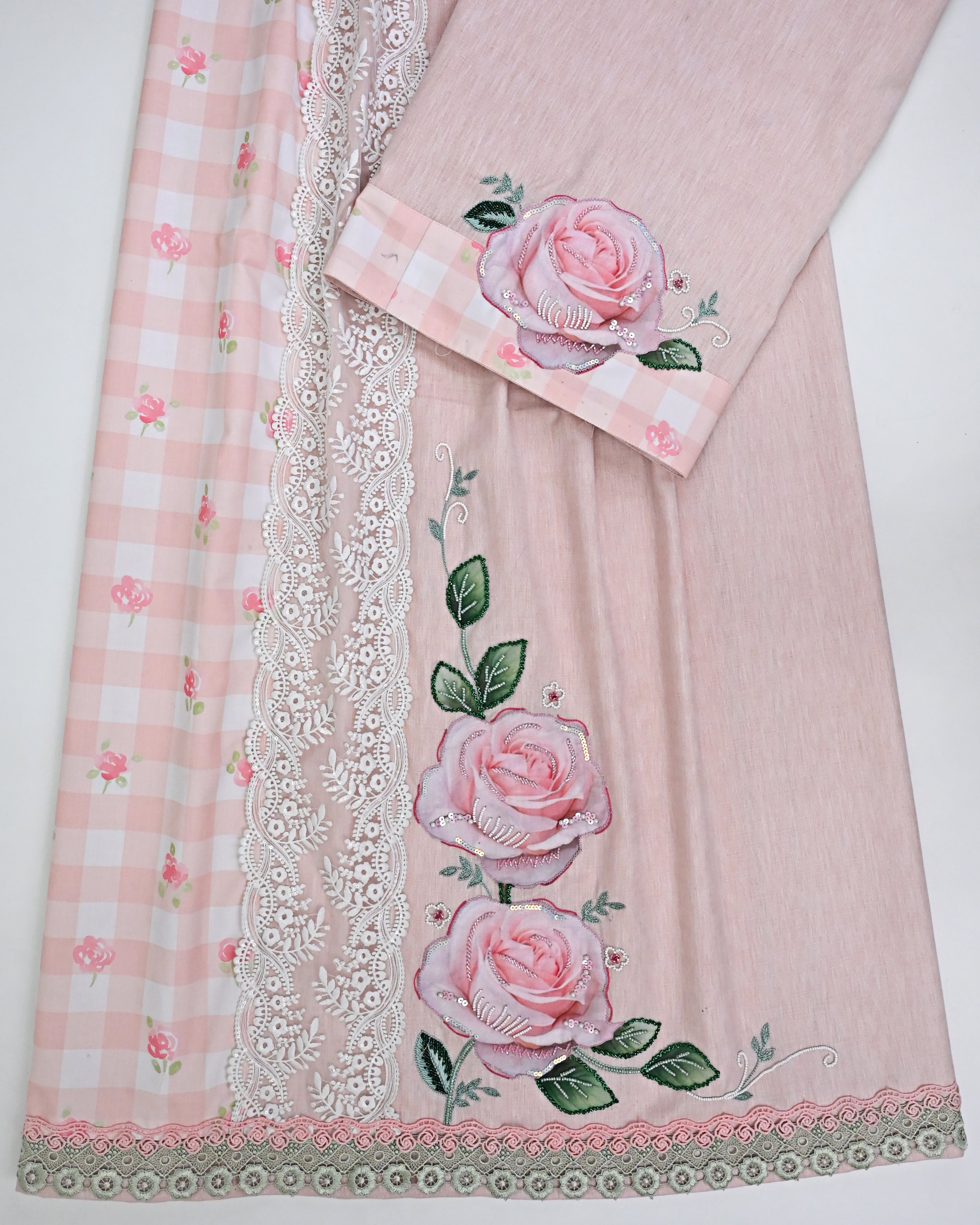Dusty Pink Rida With Smart Standing Panel Lacing & Floral Applique Work