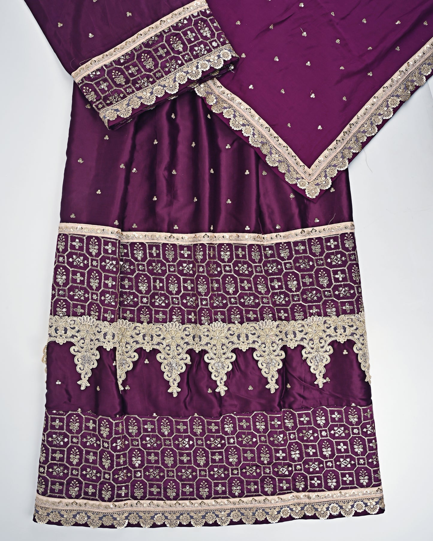 Dark Purple RCJ With Smart Heavy Lacing Golden Panel & Same Dupatta With Border