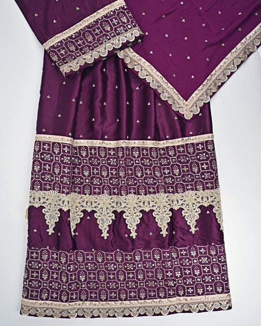 Dark Purple RCJ With Smart Heavy Lacing Golden Panel & Same Dupatta With Border
