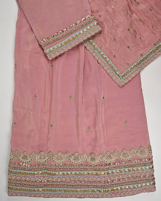 Dusty Pink RCJ With All Over Booties Heavy Golden Lace & Same Dupatta With Lace